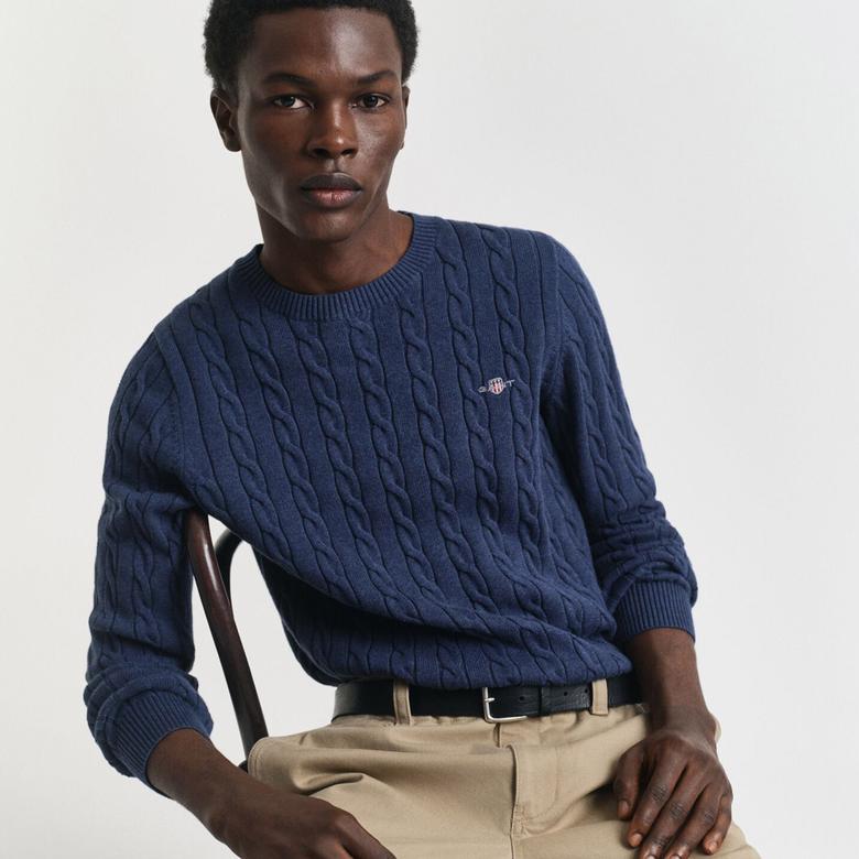 GANT Erkek Lacivert Regular Fit Bisiklet Yaka Örgü Kazak