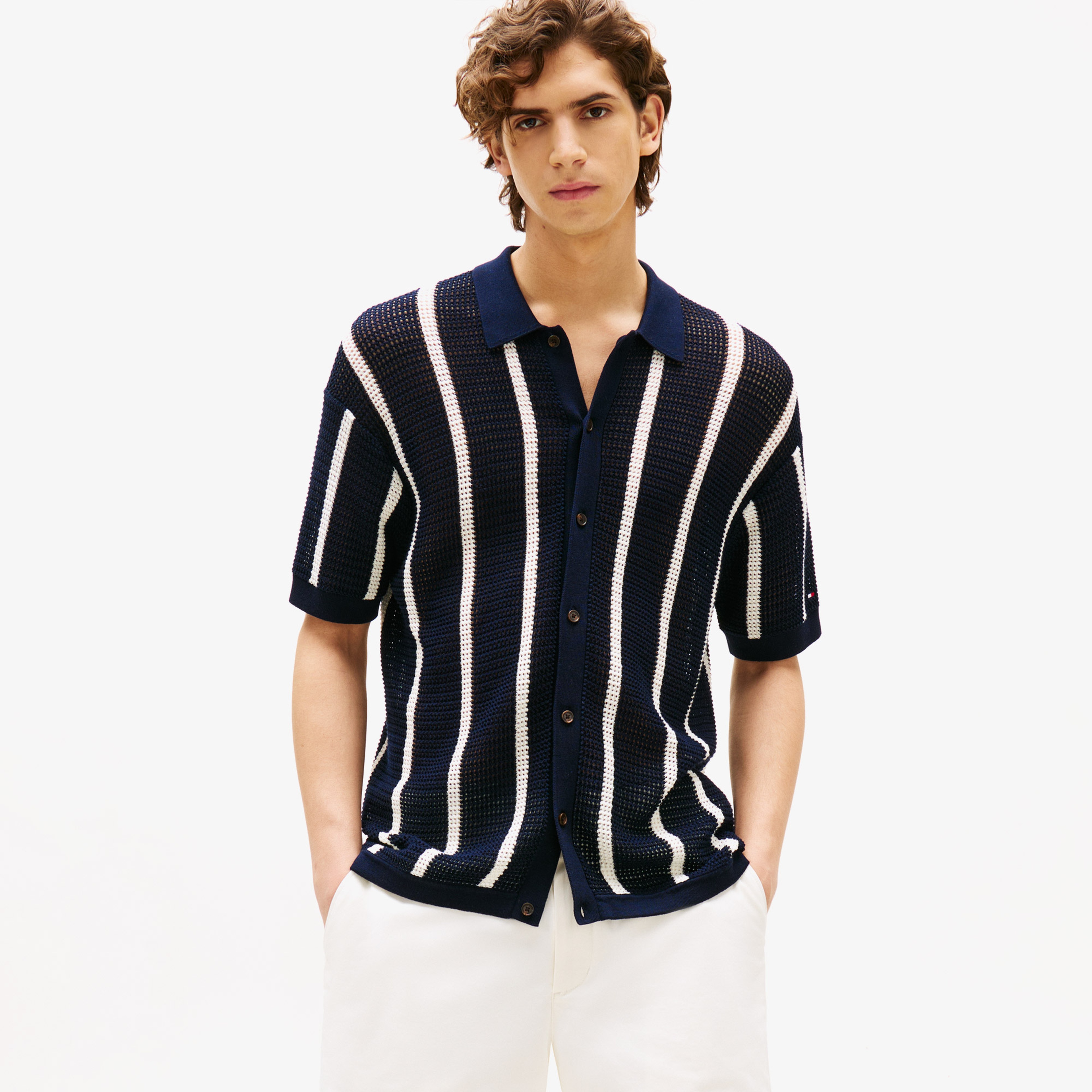 Tommy Hilfiger Vertical Stripe Open Erkek Lacivert Triko