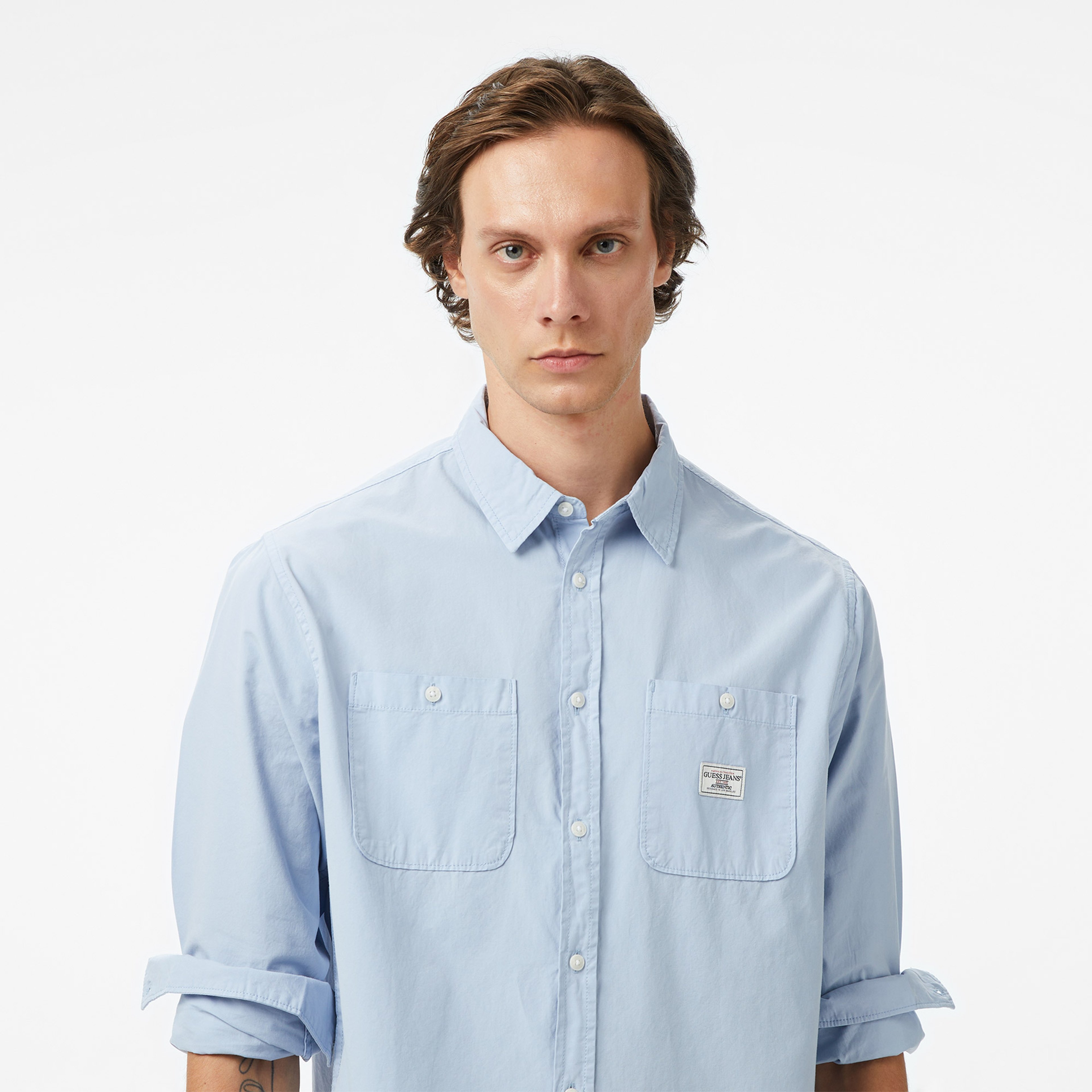 Guess Re Pockets Sh Organic Cotton Poplin 176 Erkek Mavi Gömlek