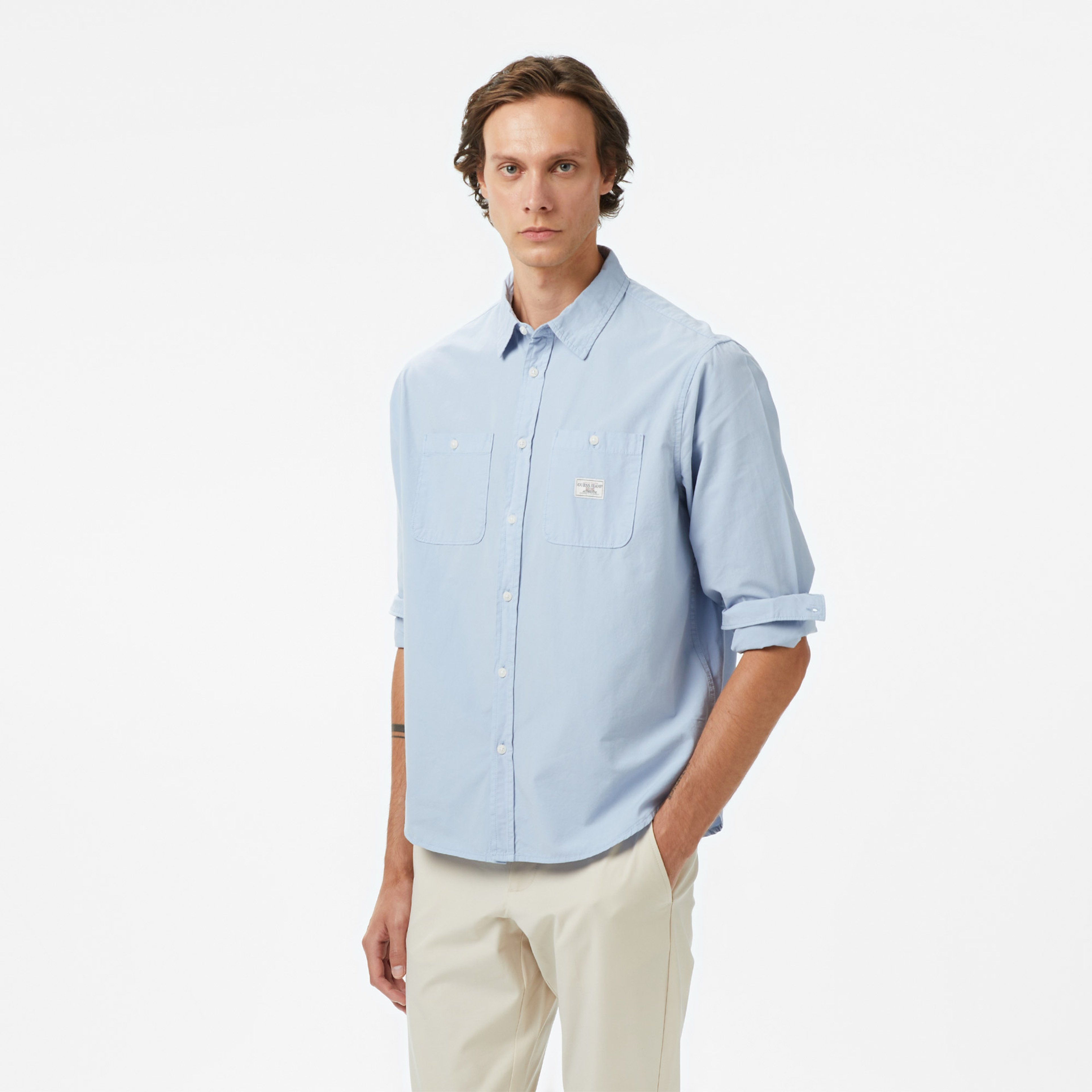 Guess Re Pockets Sh Organic Cotton Poplin 176 Erkek Mavi Gömlek