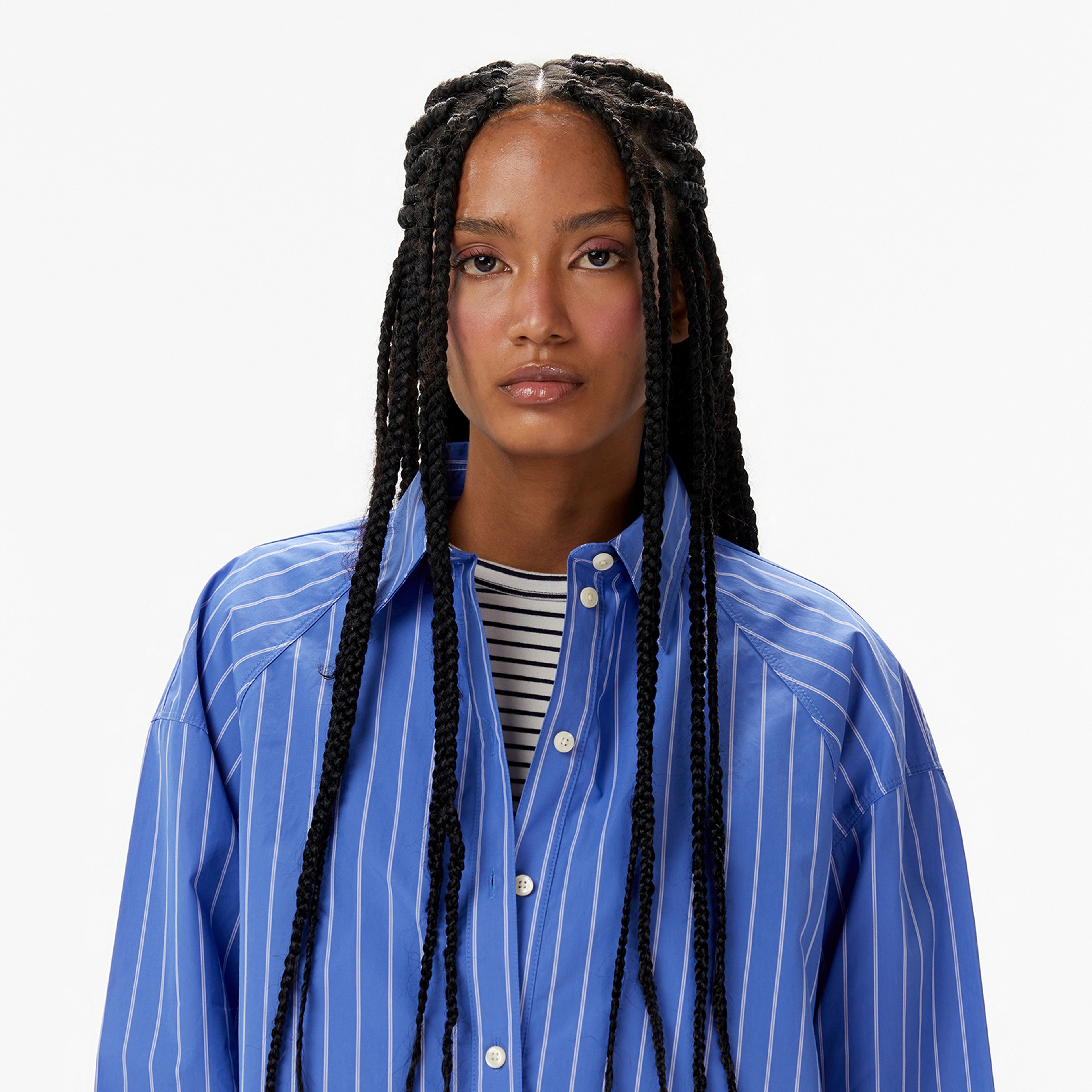 Calvin Klein Stripe Boxy Cropped Kadın Mavi Gömlek