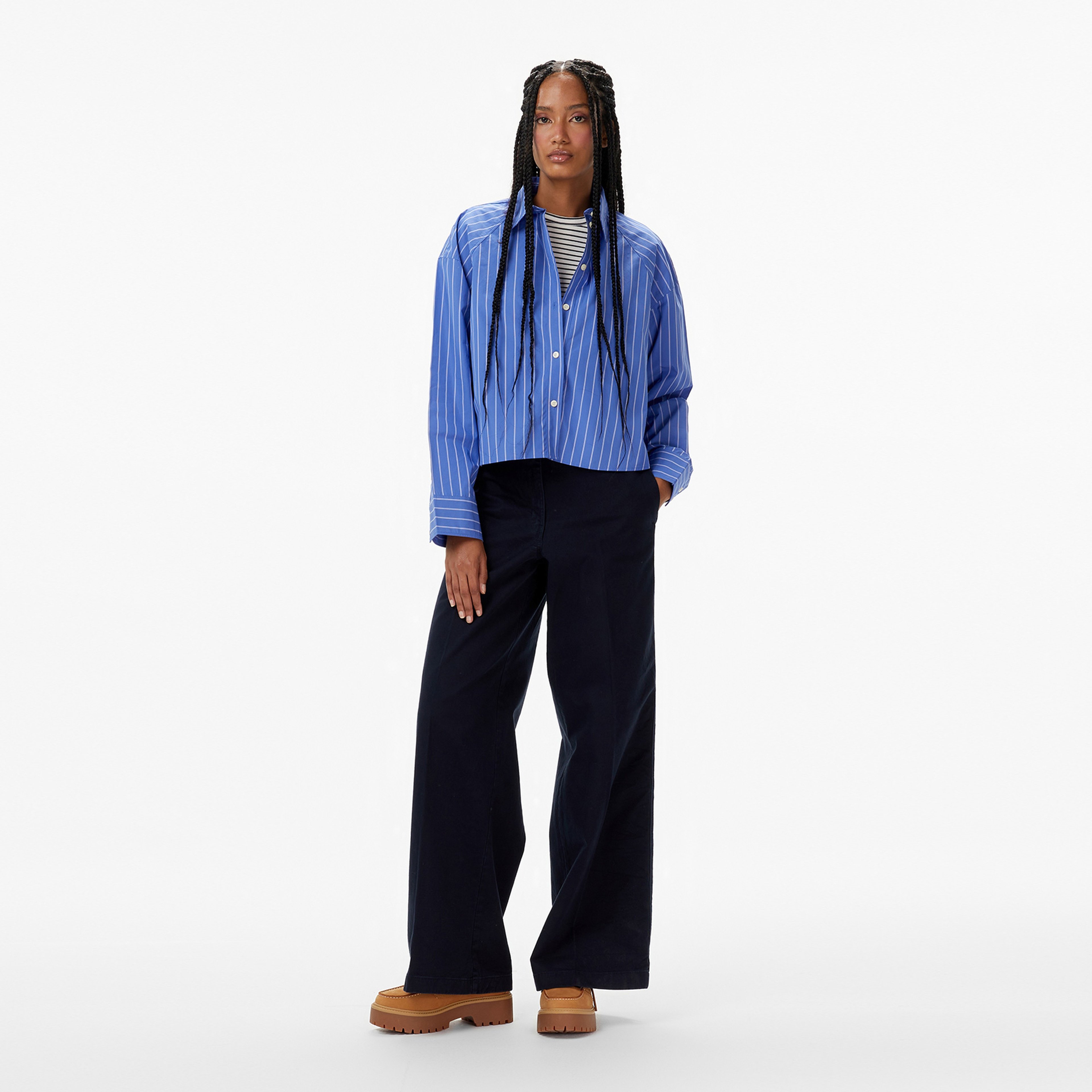 Calvin Klein Stripe Boxy Cropped Kadın Mavi Gömlek