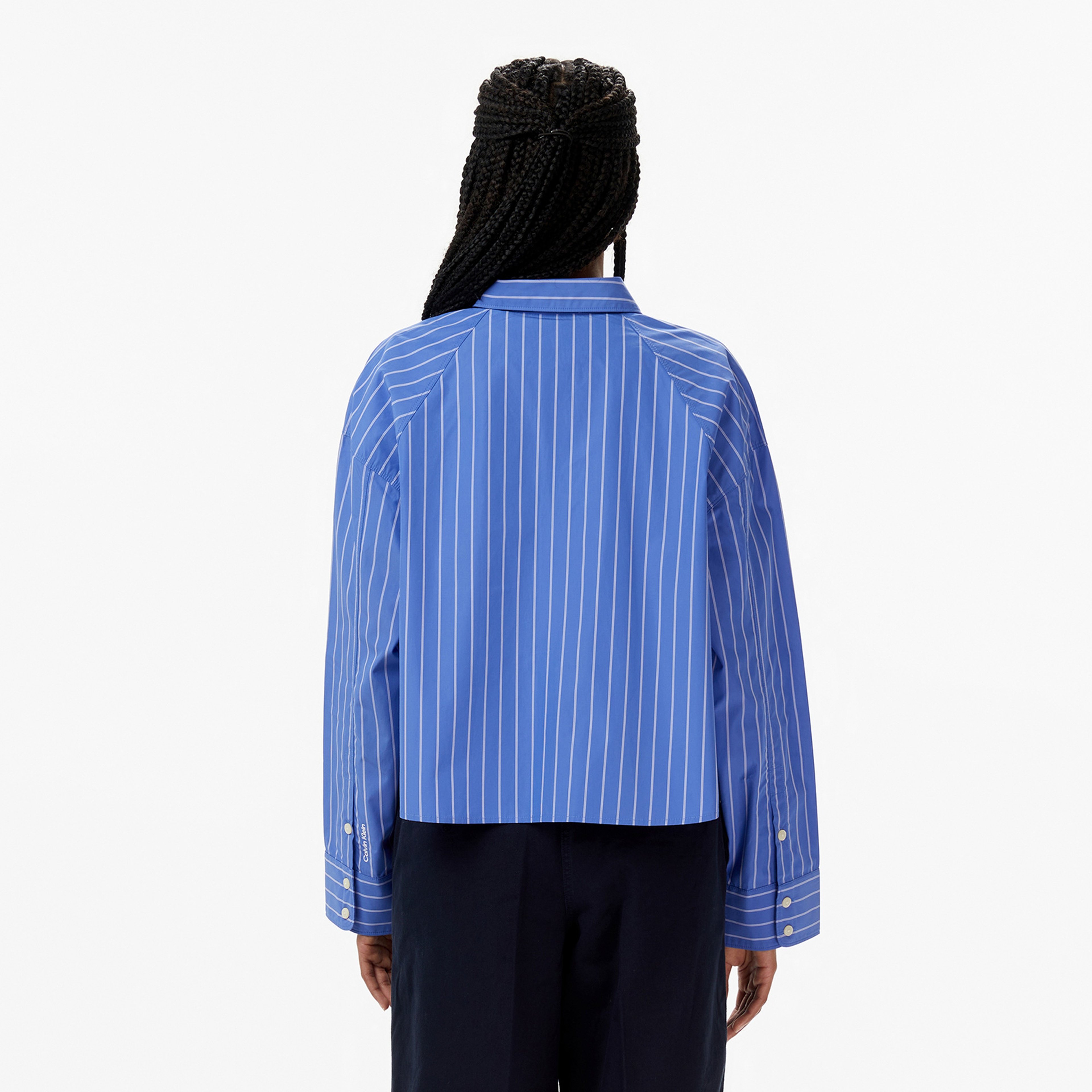 Calvin Klein Stripe Boxy Cropped Kadın Mavi Gömlek