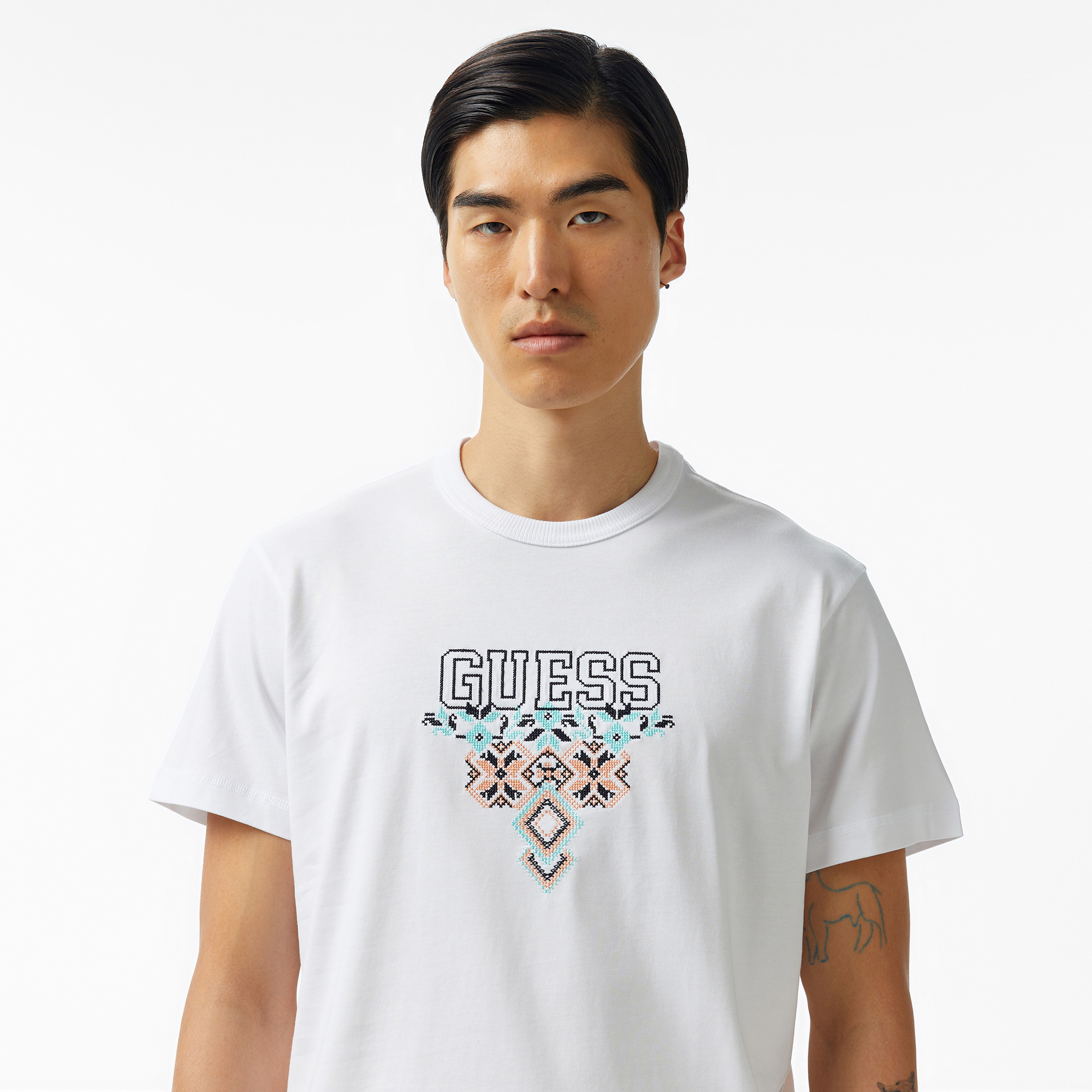 Guess Triangle Mid Organic Heavy 205 Erkek Beyaz T-Shirt