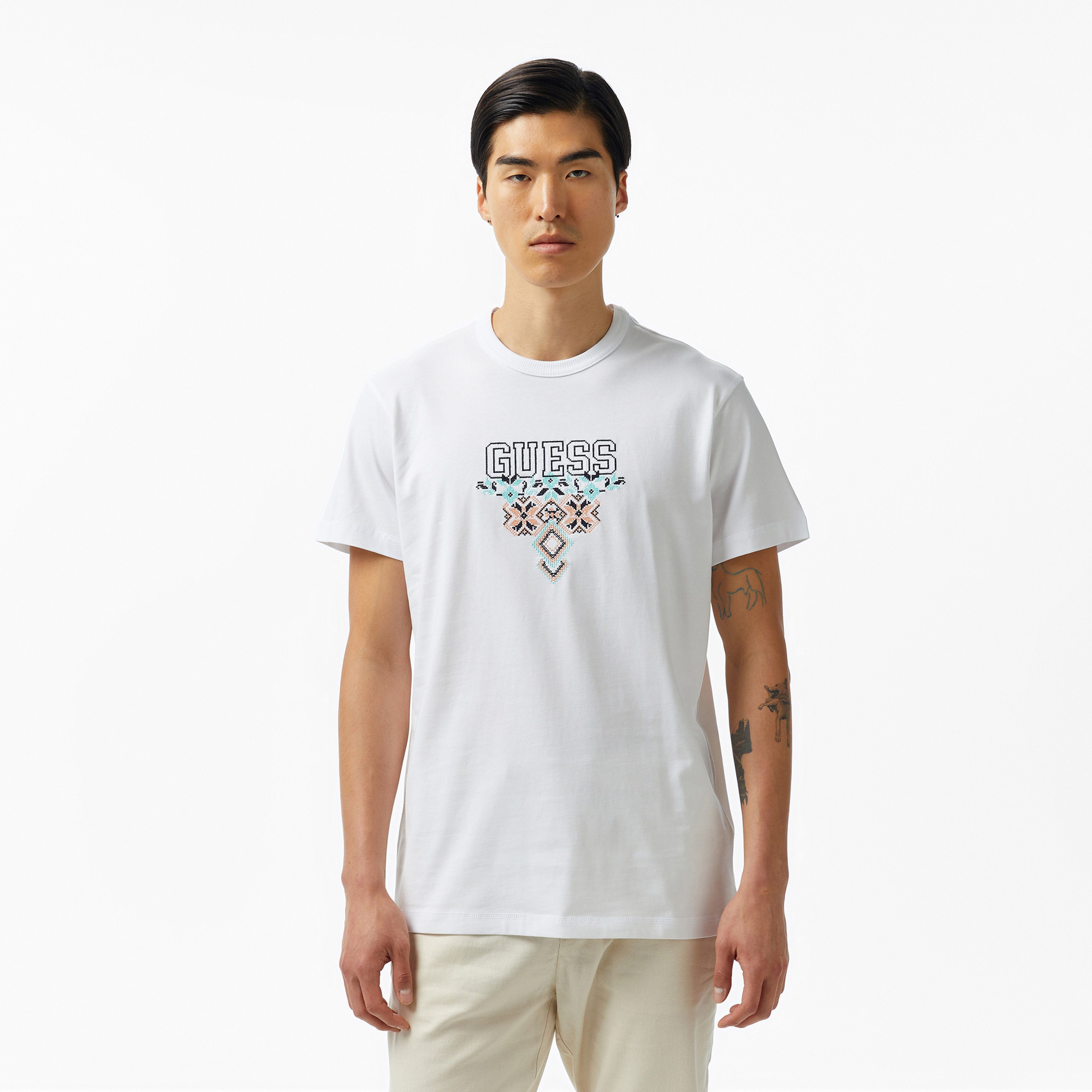 Guess Triangle Mid Organic Heavy 205 Erkek Beyaz T-Shirt