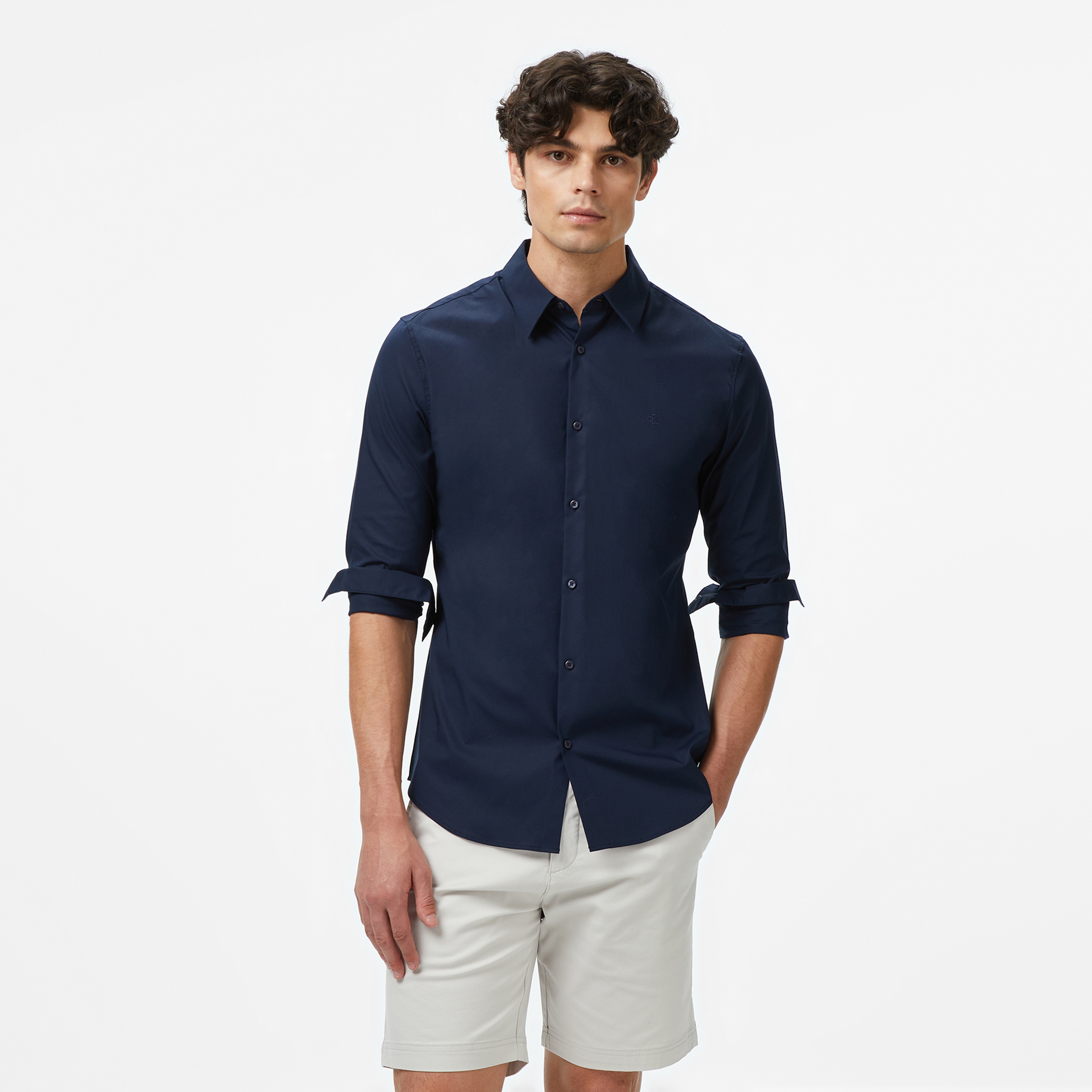 Calvin Klein Solid Stretch Slim Erkek Mavi Gömlek