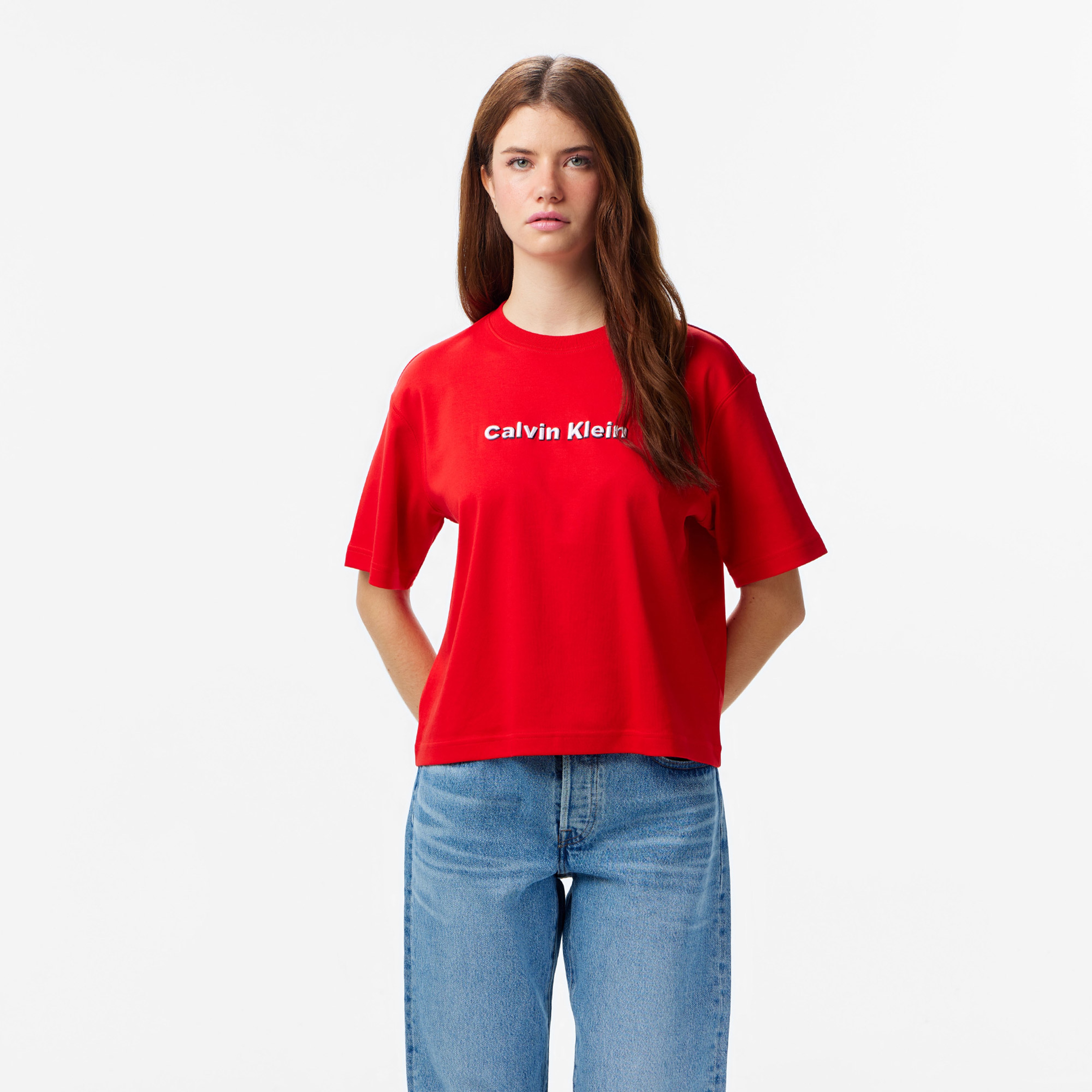 Calvin Klein 3D Roidery Logo Kadın Kırmızı T-Shirt
