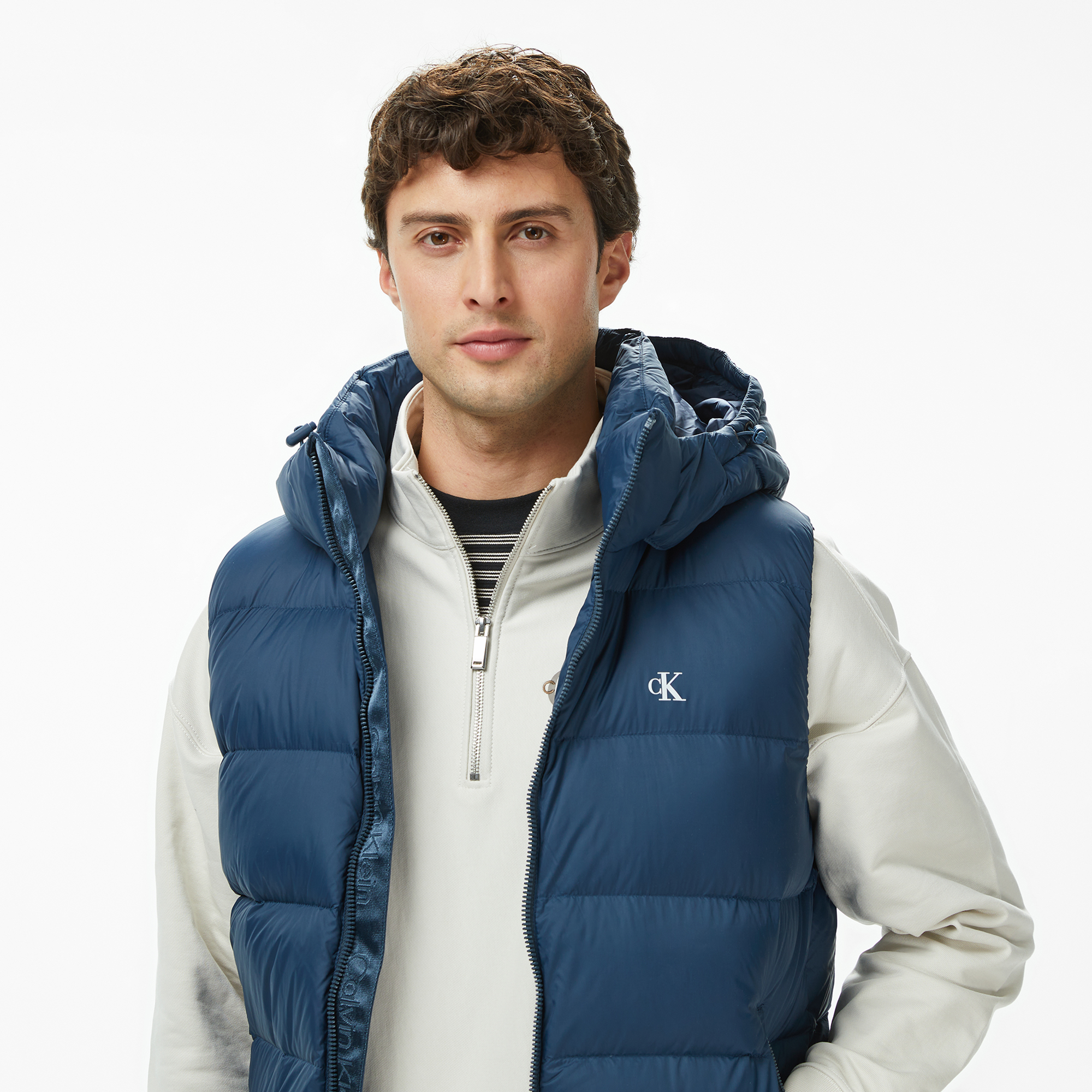 Calvin Klein Nylon Zip Off Hood Down Puf Erkek Mavi Yelek