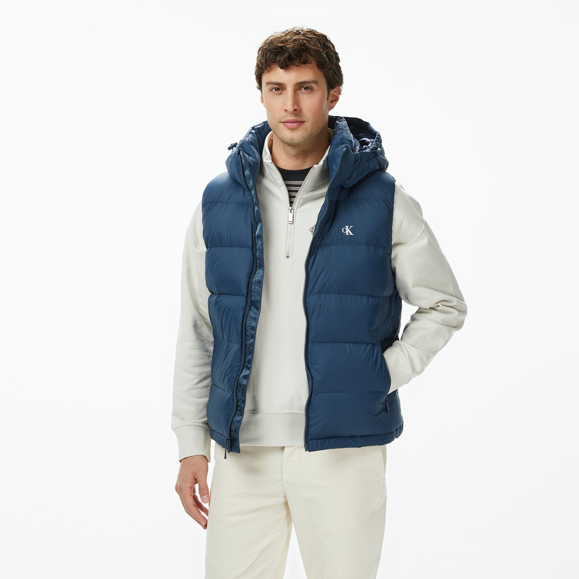 Calvin Klein Nylon Zip Off Hood Down Puf Erkek Mavi Yelek
