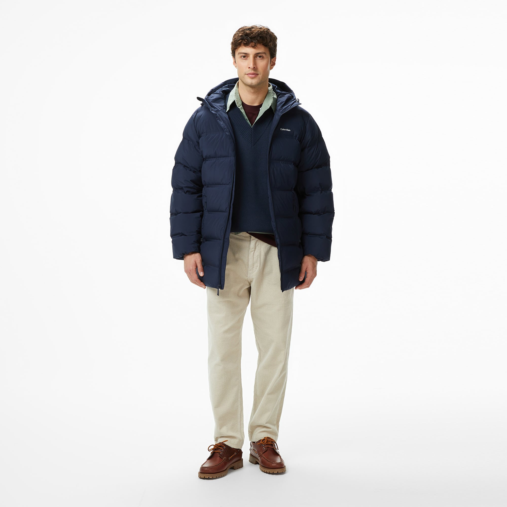 Calvin Klein Bonded Long Hooded Erkek Mavi Puffer Mont