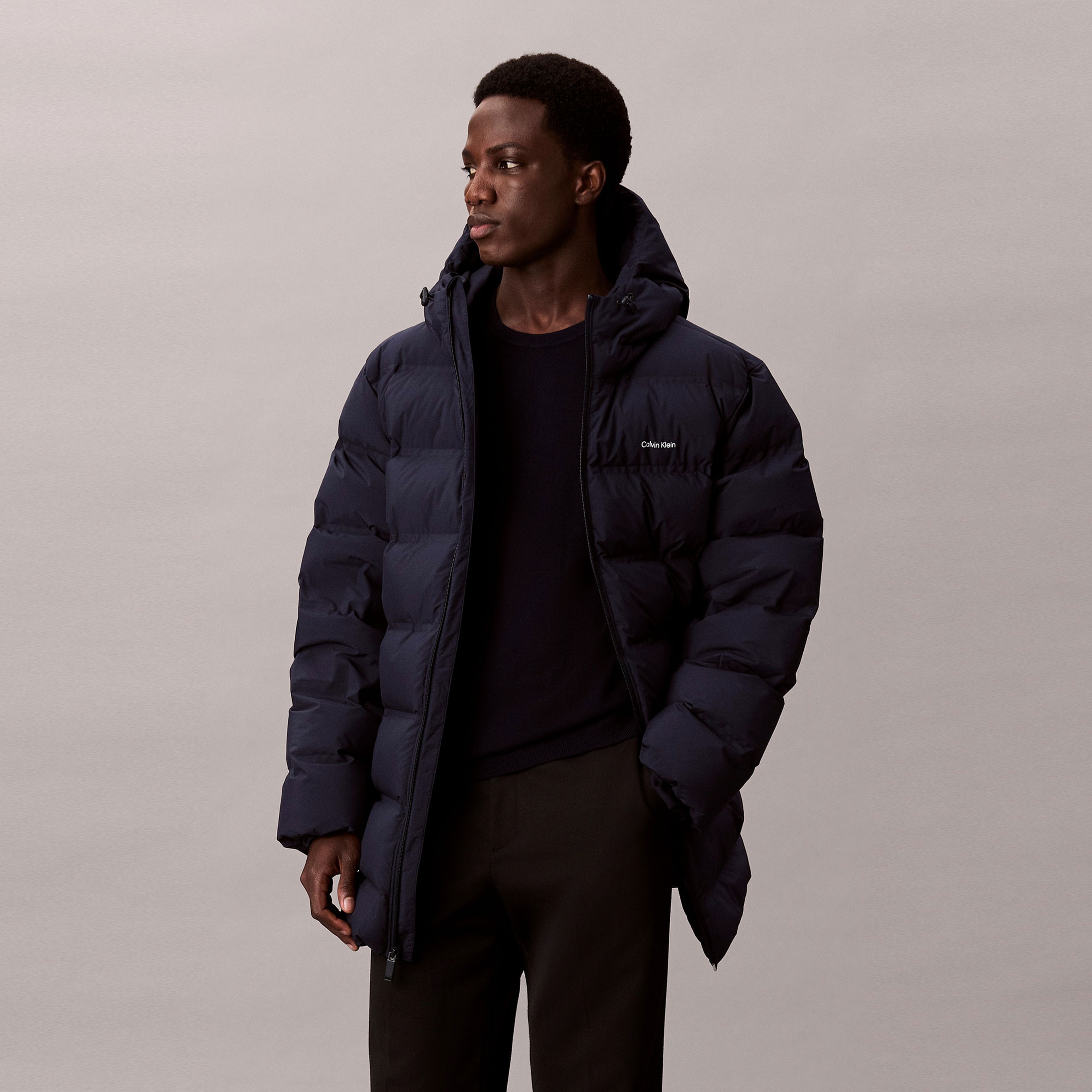 Calvin Klein Bonded Long Hooded Erkek Mavi Puffer Mont