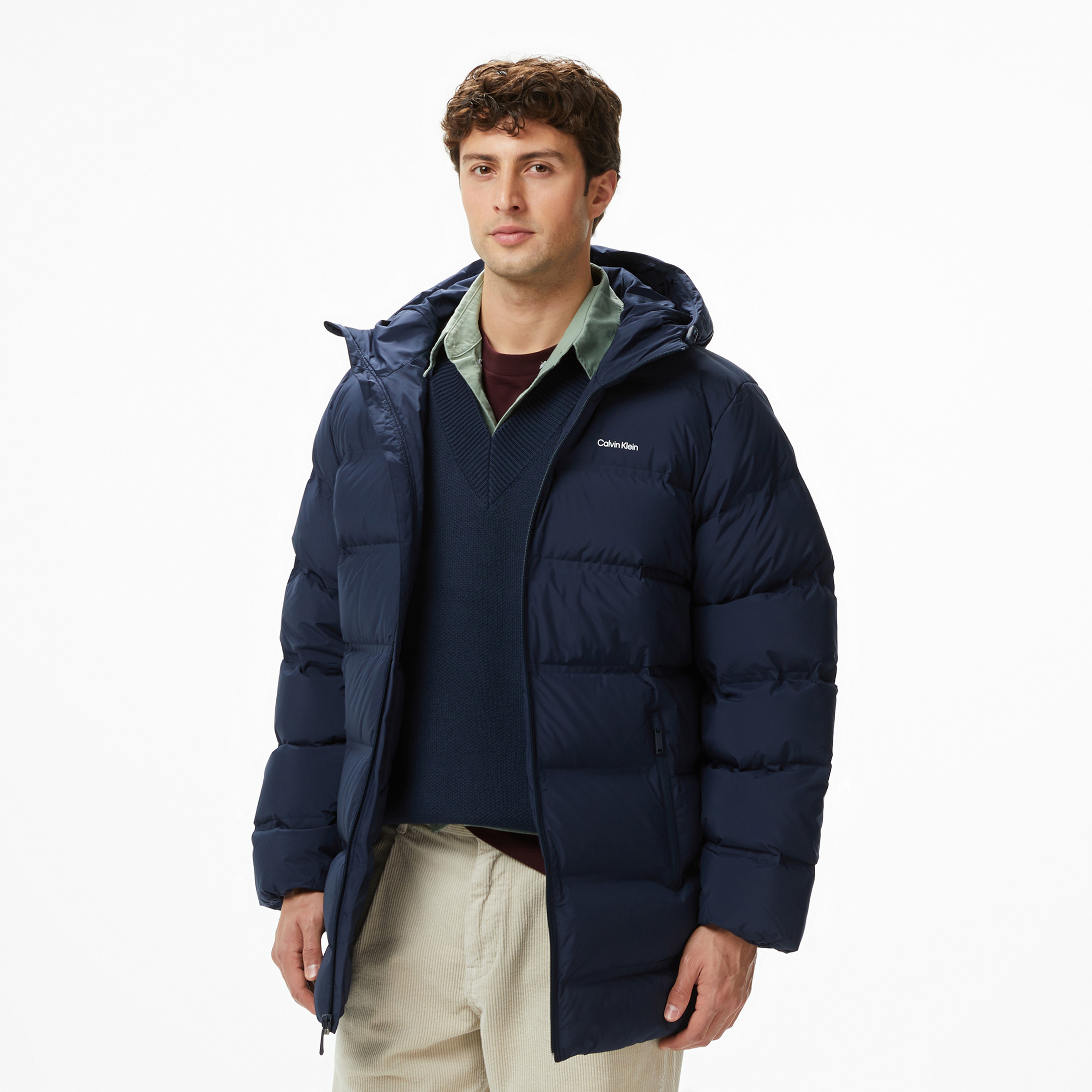 Calvin Klein Bonded Long Hooded Erkek Mavi Puffer Mont