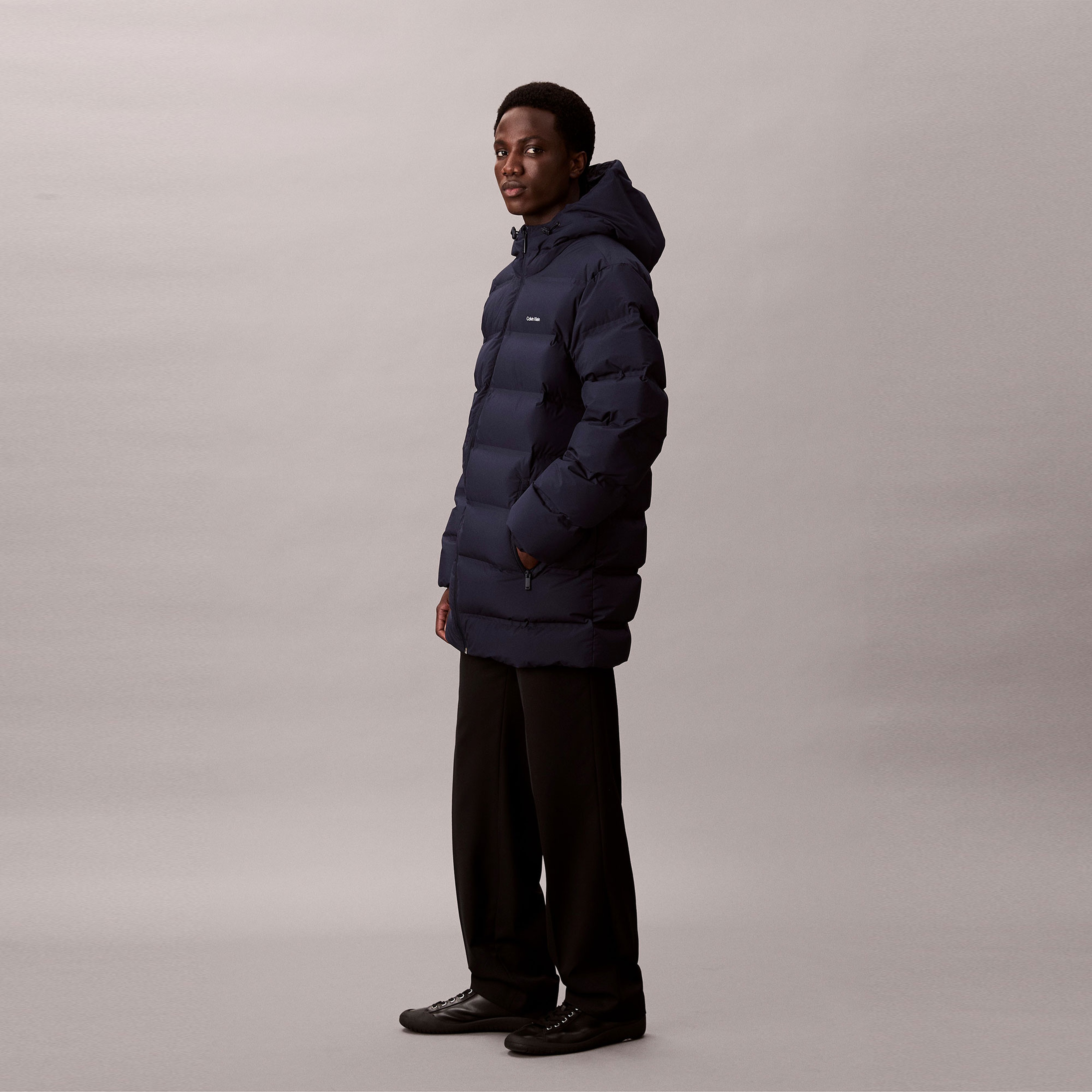 Calvin Klein Bonded Long Hooded Erkek Mavi Puffer Mont