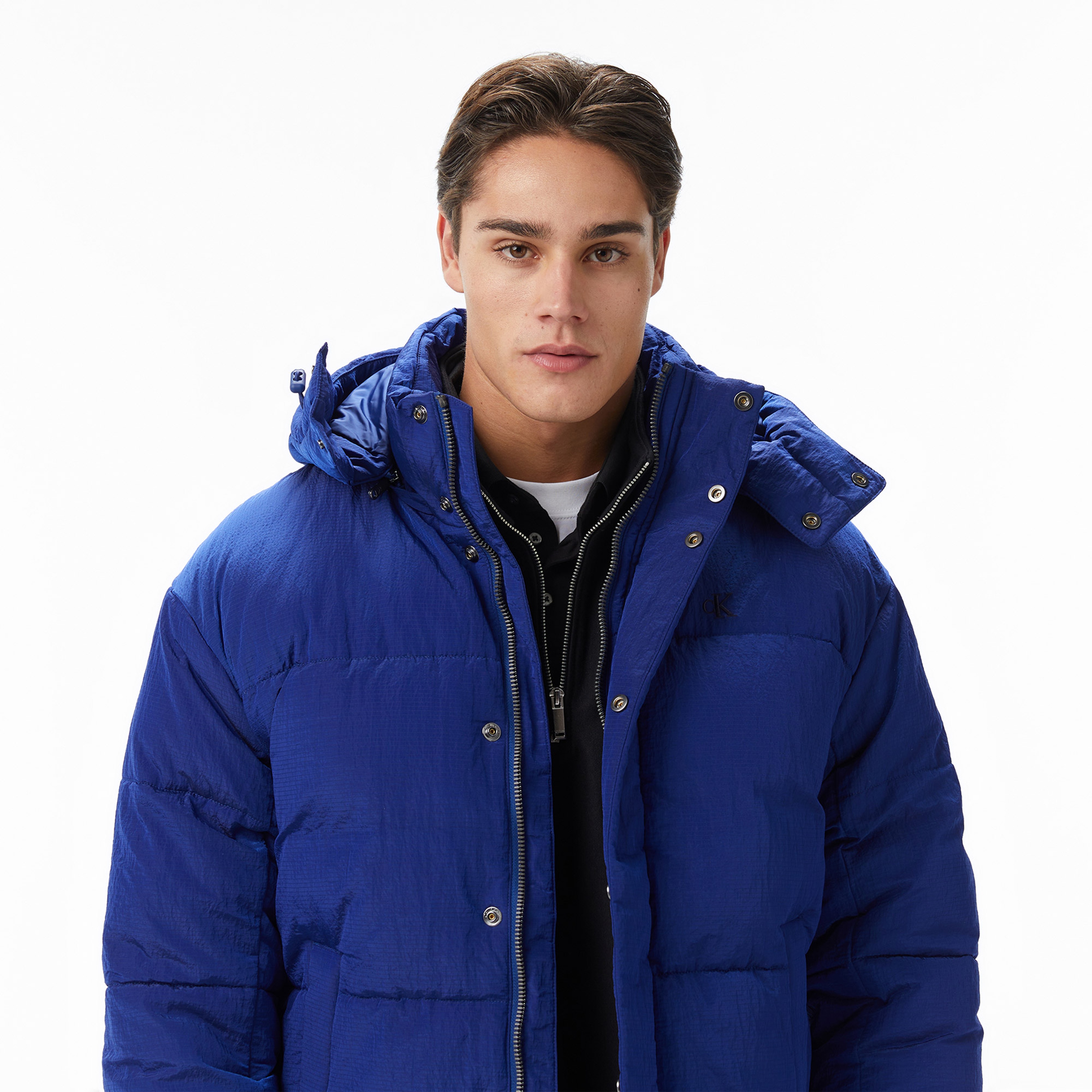 Calvin Klein Ripstop Quilted Logo Hooded Erkek Mavi Ceket