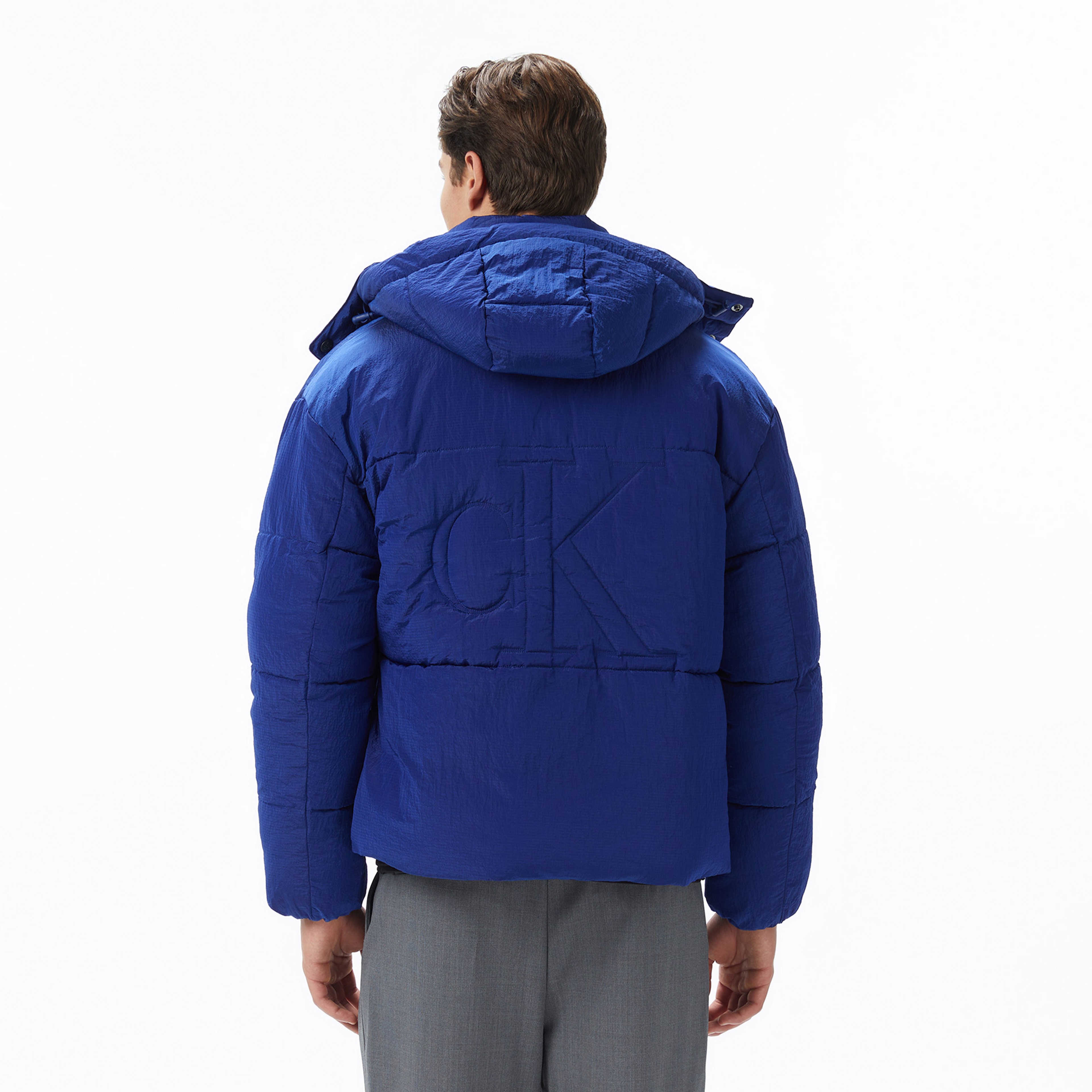 Calvin Klein Ripstop Quilted Logo Hooded Erkek Mavi Ceket
