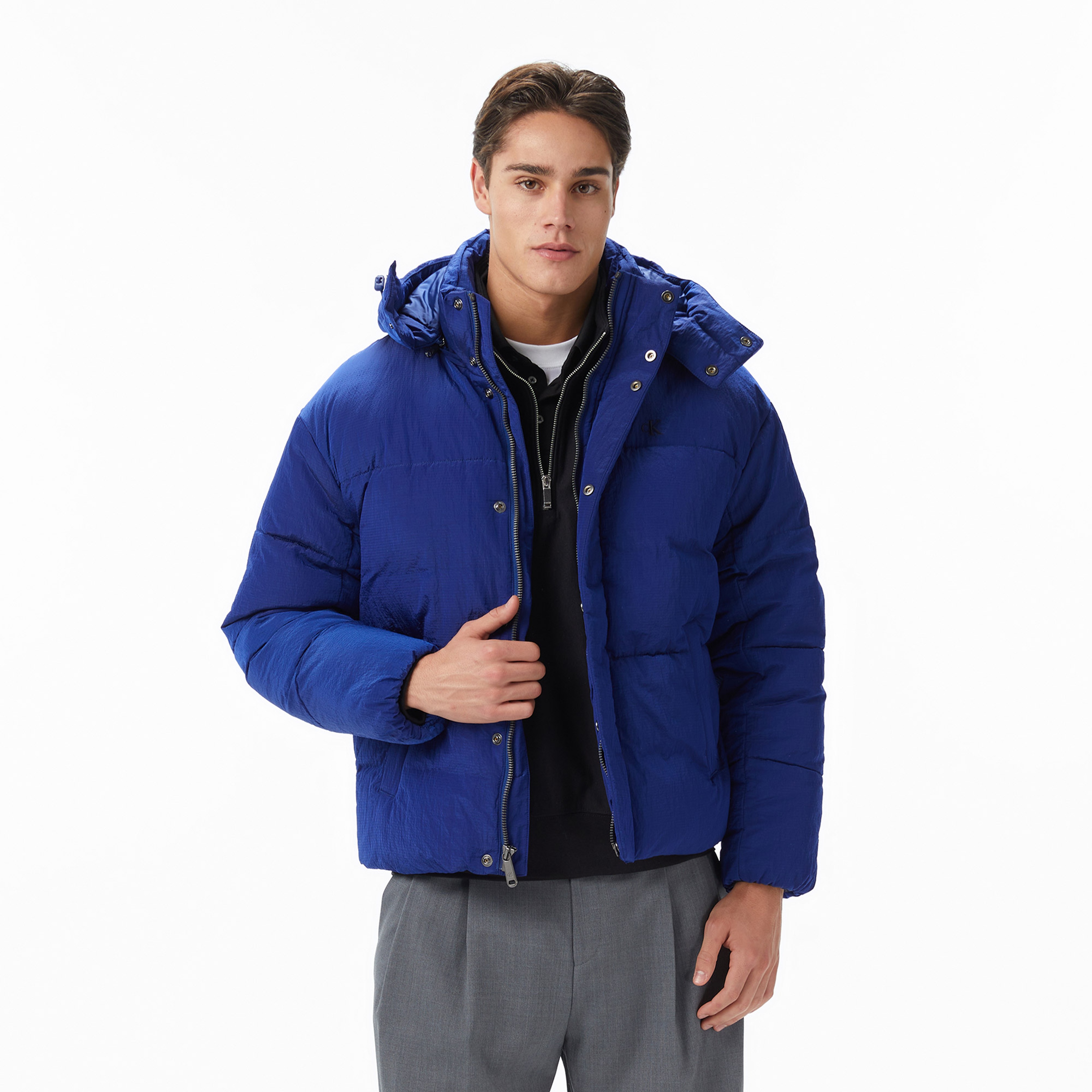 Calvin Klein Ripstop Quilted Logo Hooded Erkek Mavi Ceket