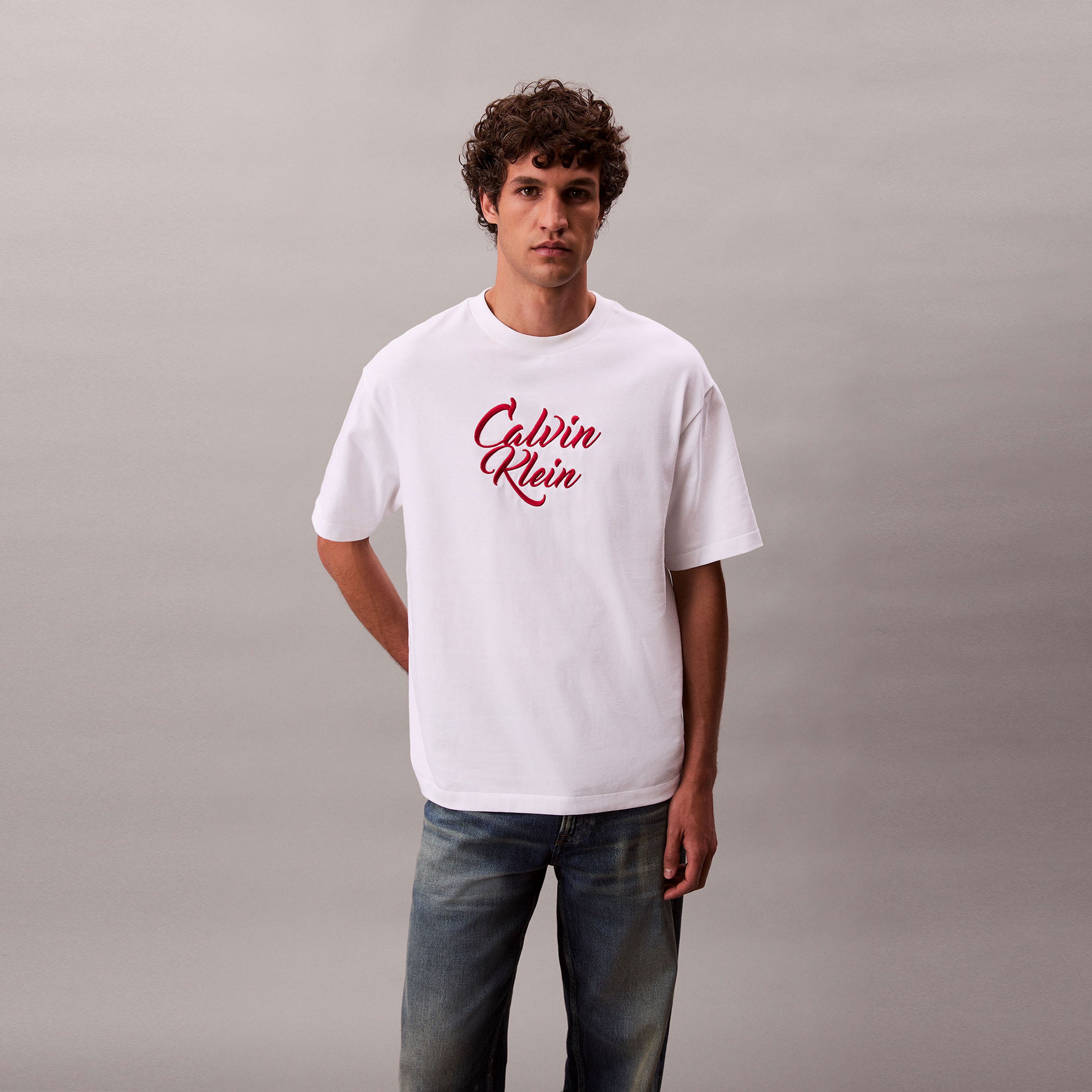 Calvin Klein Cursive  Graphic Erkek Beyaz T-Shirt