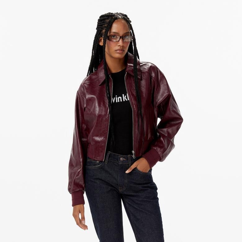 Calvin Klein Cropped Crinkle Faux Leather Kadın Kırmızı Ceket