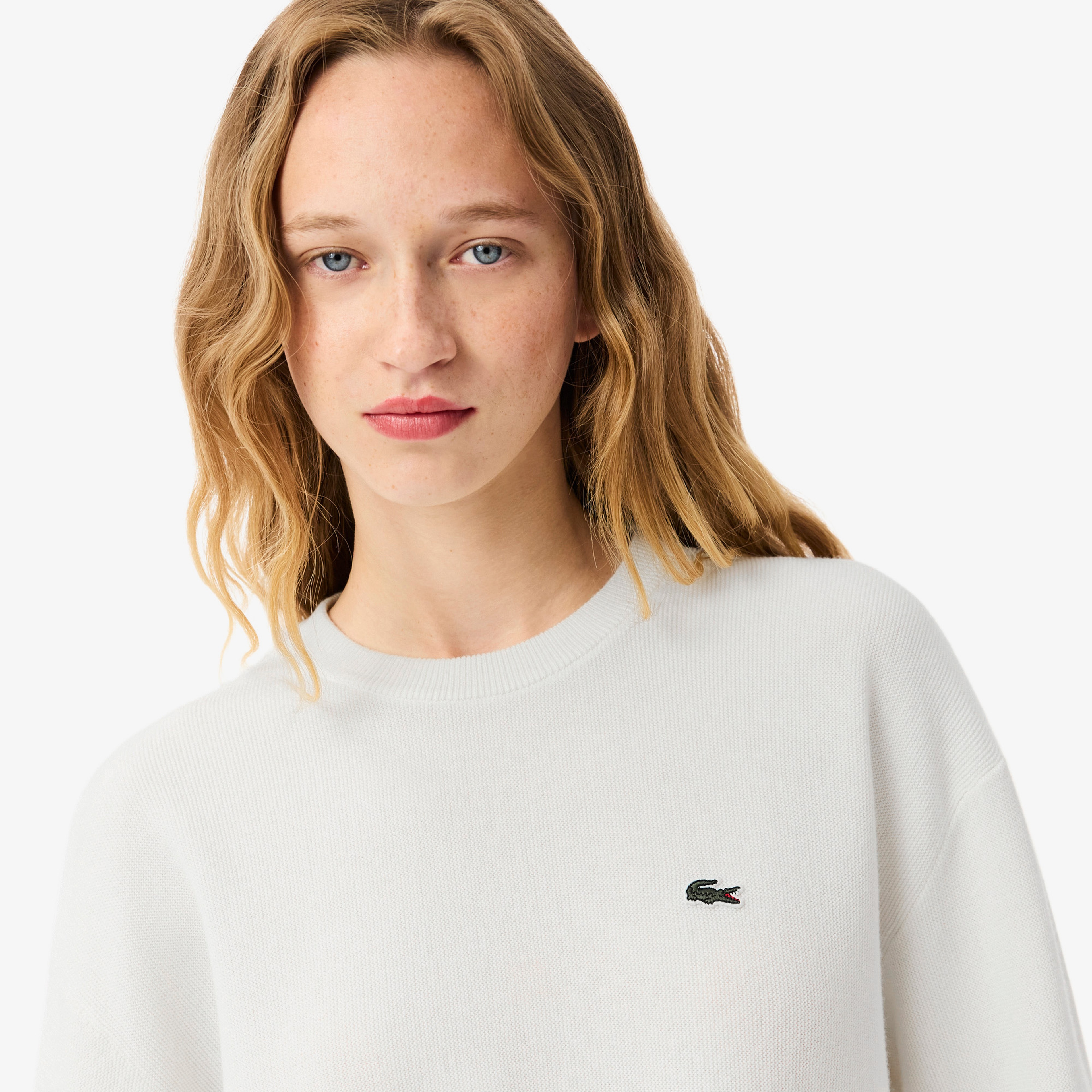 Lacoste Kadın Relaxed Fit Bisiklet Yaka Beyaz Kazak
