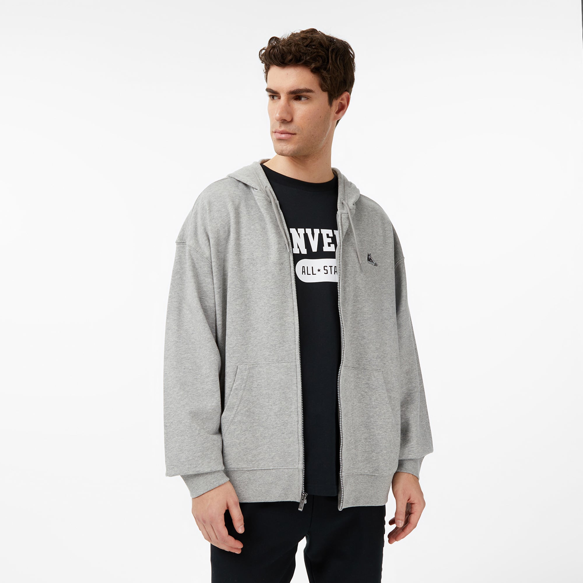 Converse Loose Fit Sneaker Patch Full Zip Erkek Gri Sweatshirt