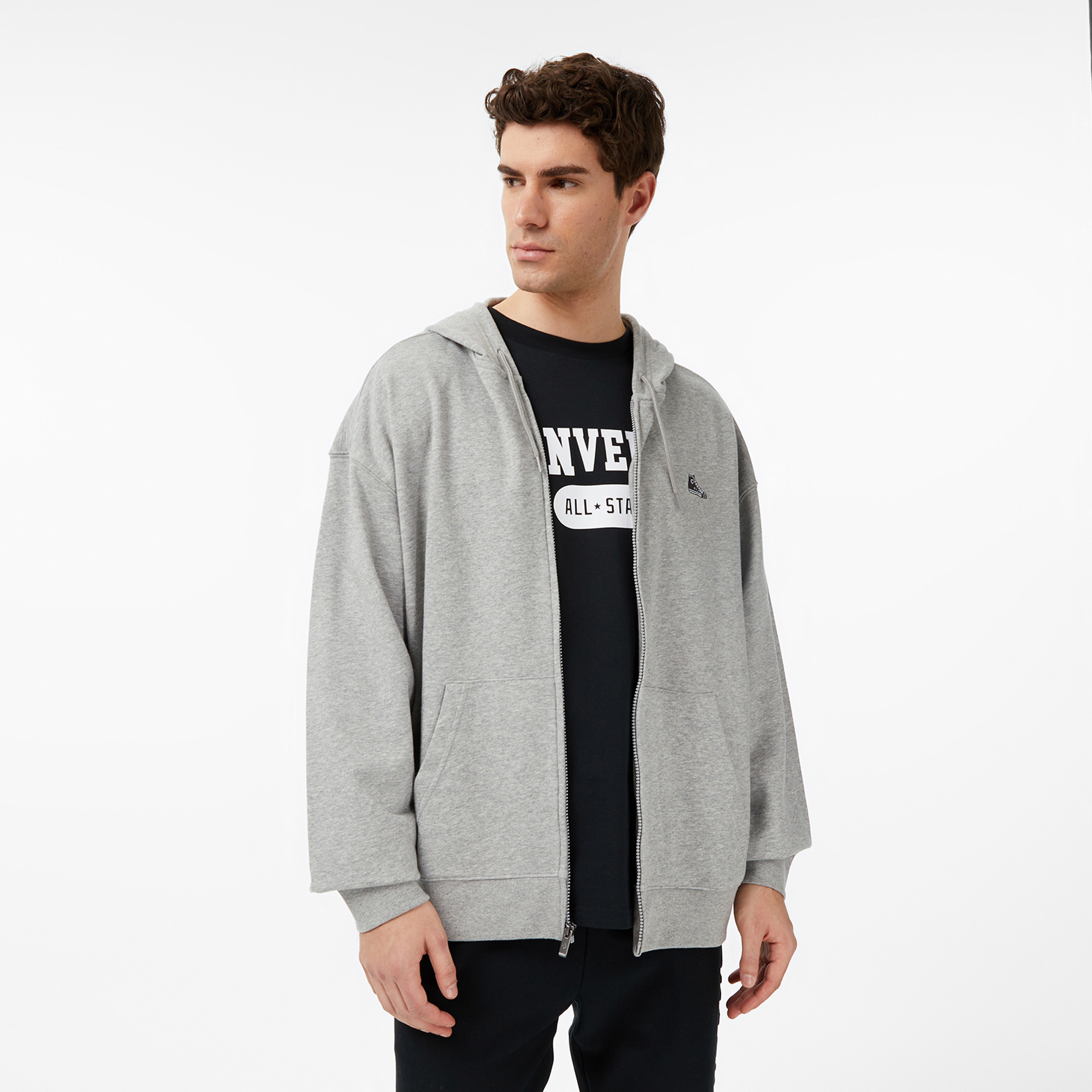 Converse Loose Fit Sneaker Patch Full Zip Erkek Gri Sweatshirt