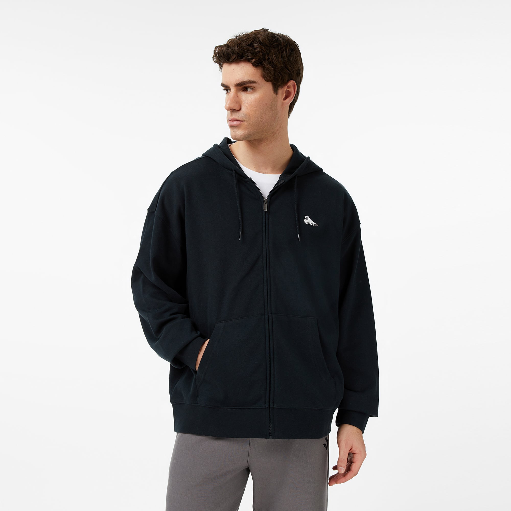 Converse Loose Fit Sneaker Patch Full Zip Erkek Siyah Sweatshirt