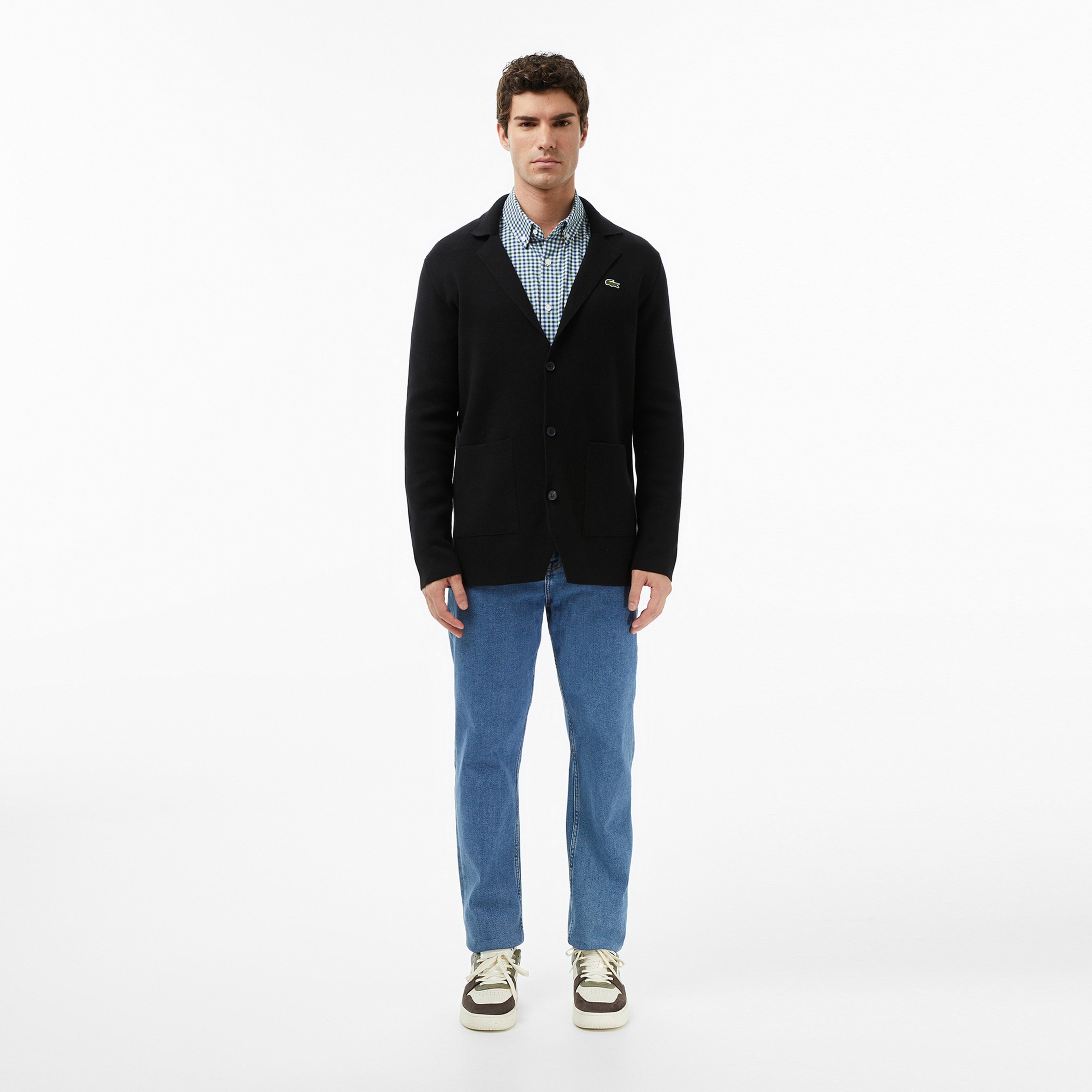 Erkek Regular Fit Düğmeli Yaka Kareli Lacivert Gömlek