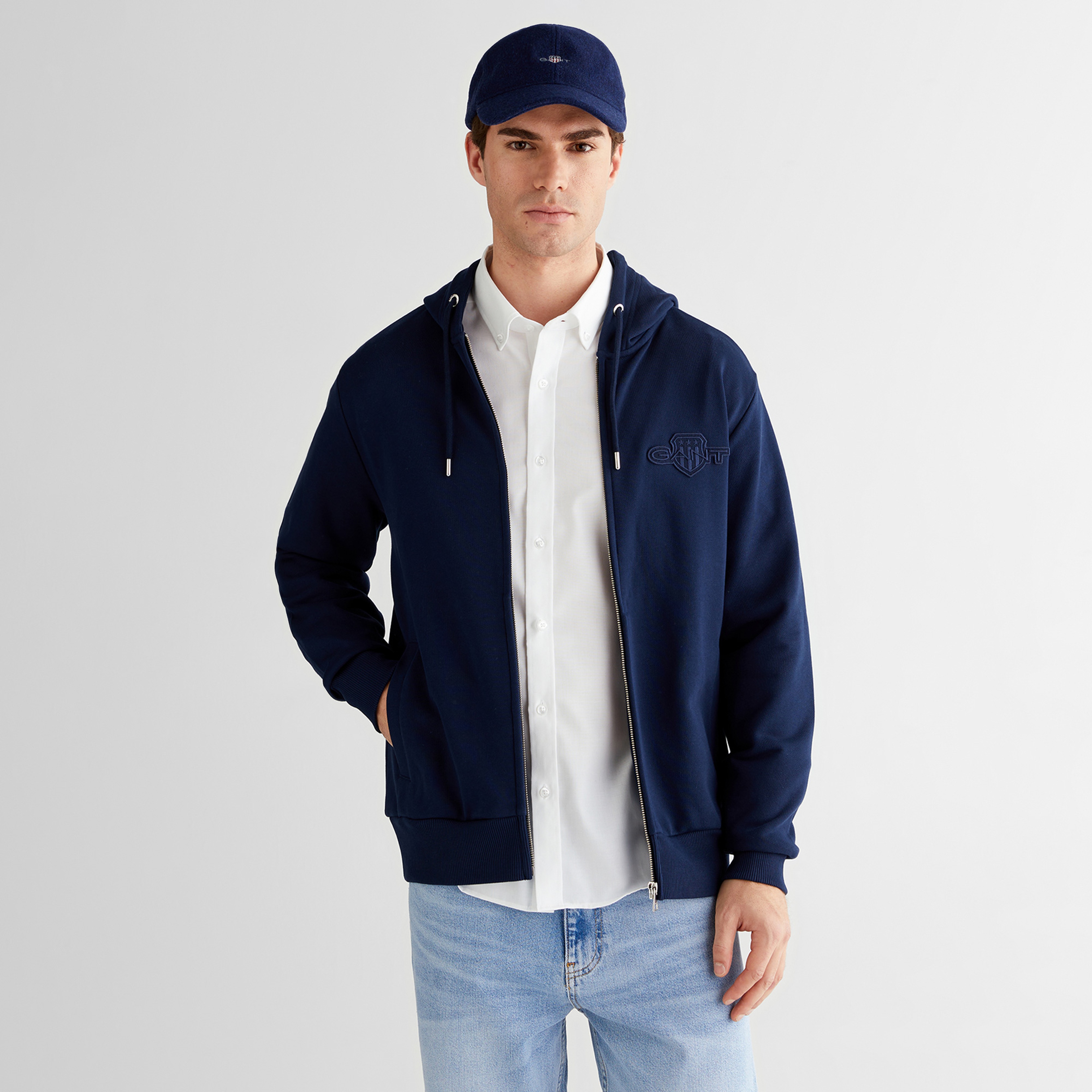 GANT Erkek Lacivert Regular Fit Kapüşonlu Fermuarlı Sweatshirt