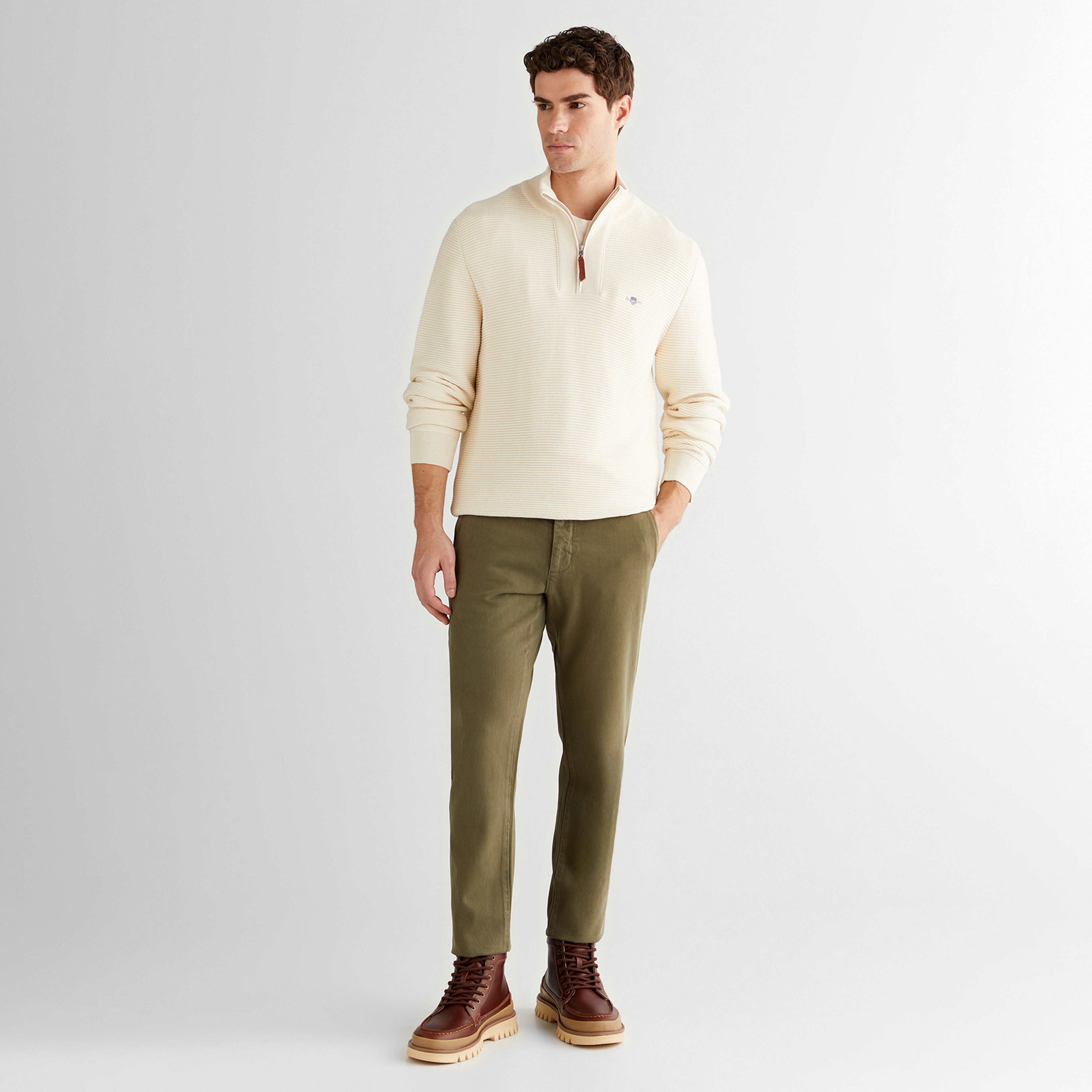 GANT Erkek Krem Regular Fit Yarım Fermuarlı Triko