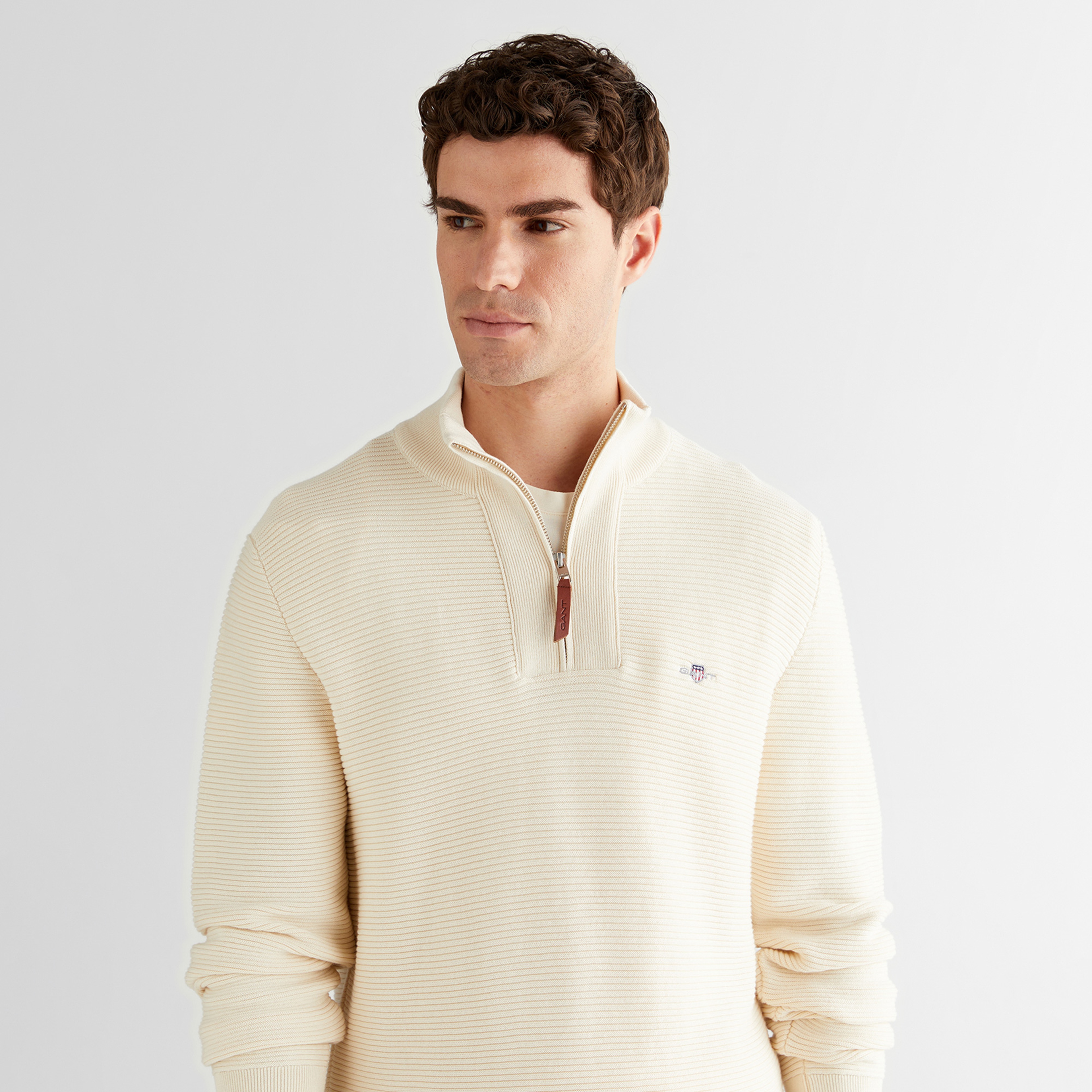 GANT Erkek Krem Regular Fit Yarım Fermuarlı Triko