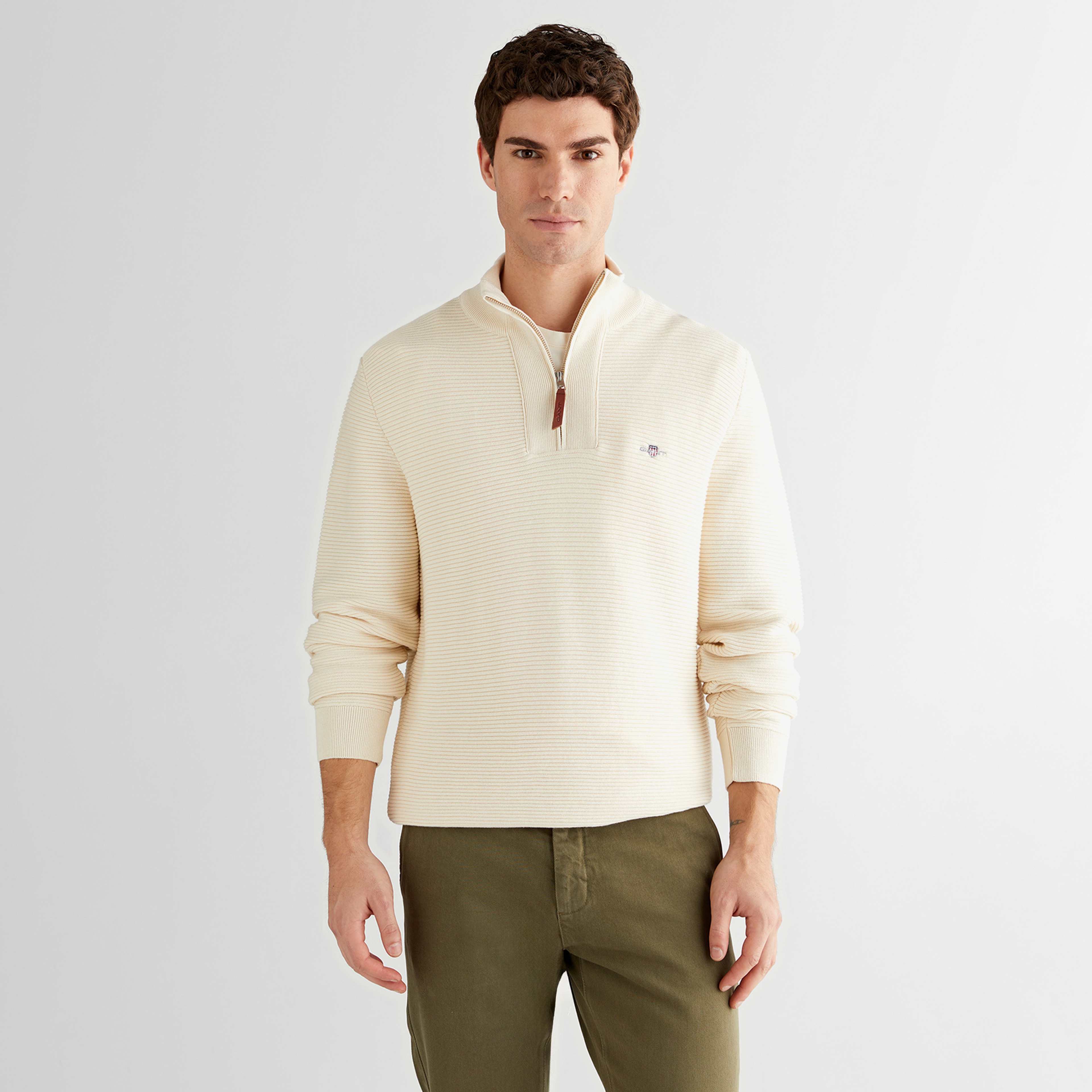 GANT Erkek Krem Regular Fit Yarım Fermuarlı Triko