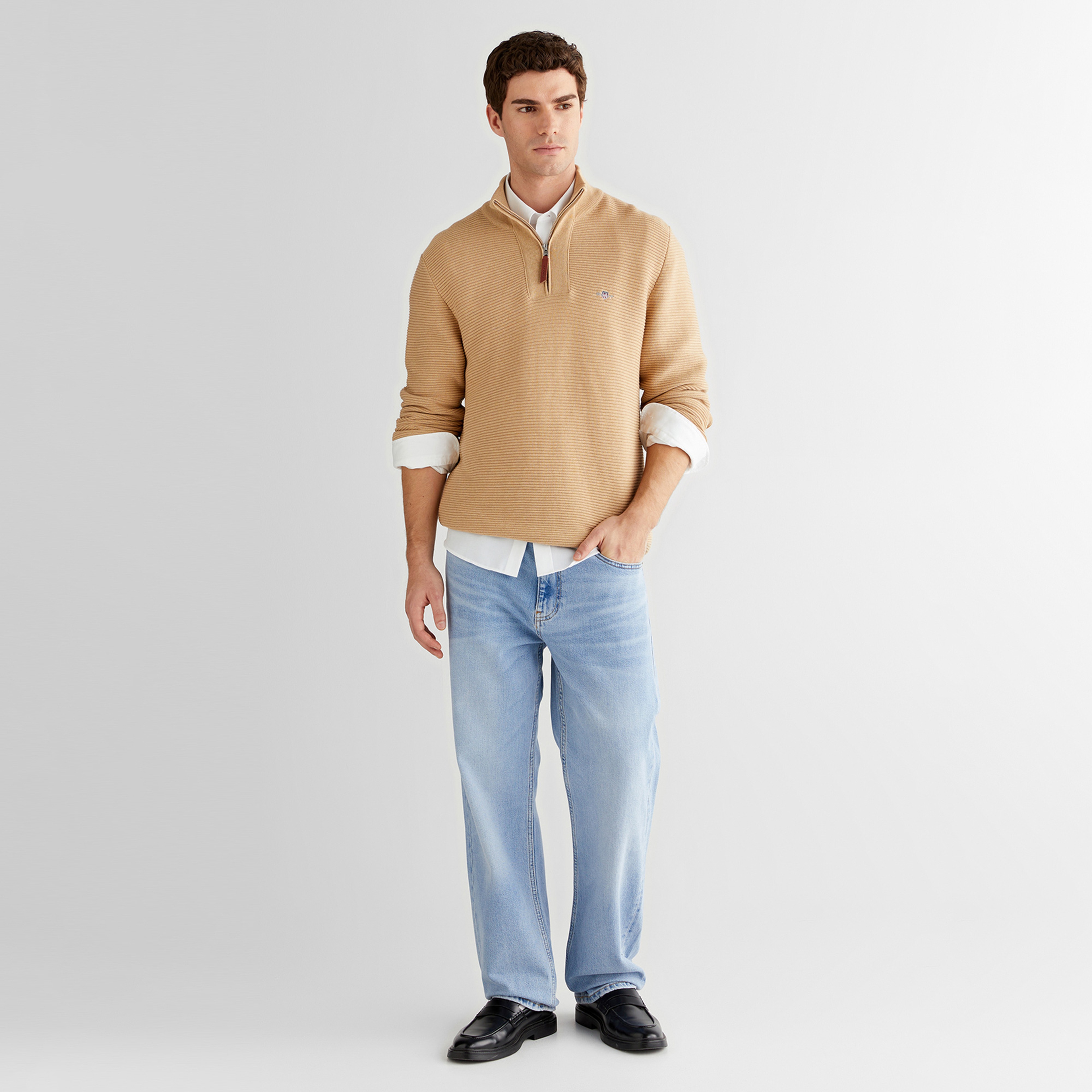 GANT Erkek Bej Regular Fit Yarım Fermuarlı Triko