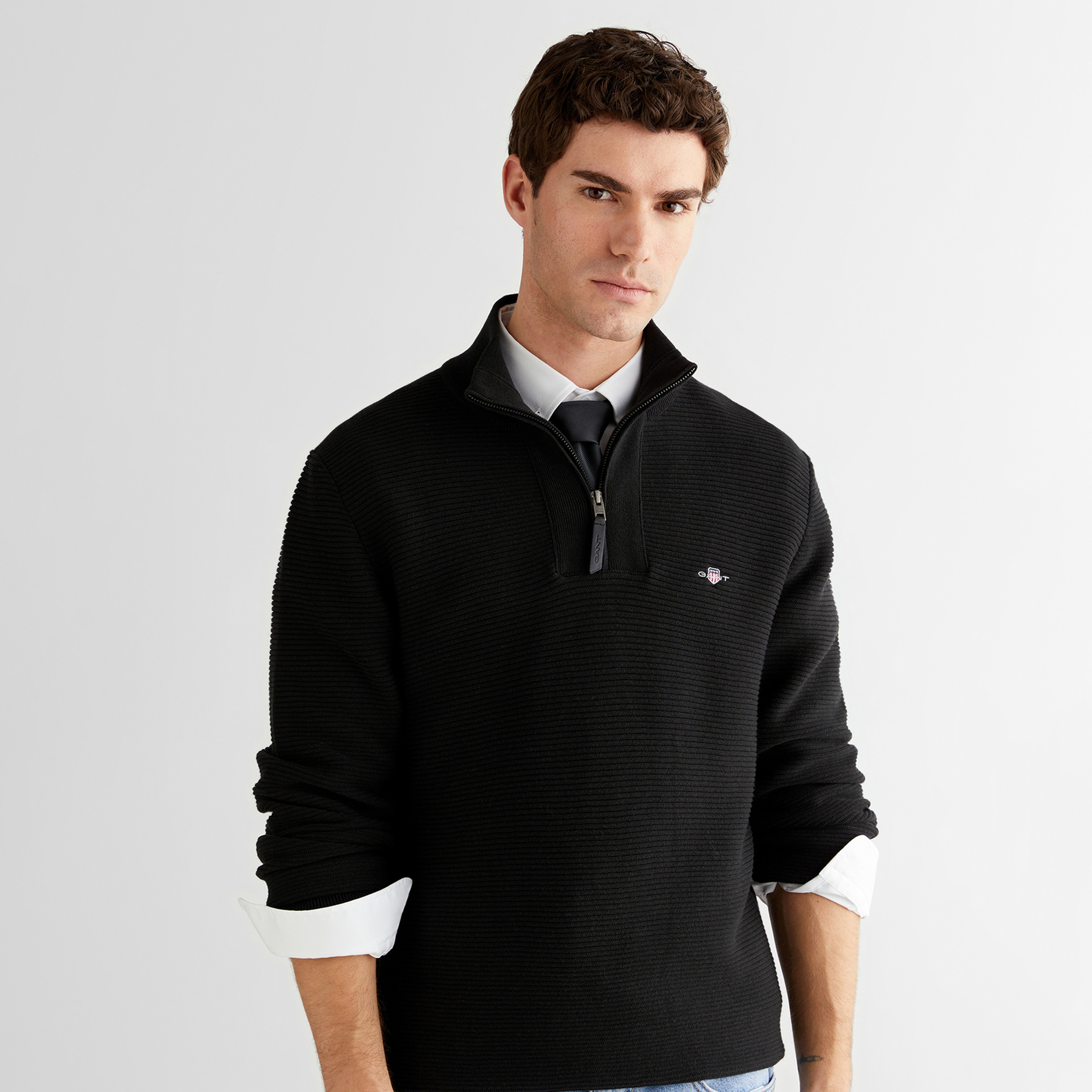 GANT Erkek Siyah Regular Fit Yarım Fermuarlı Triko