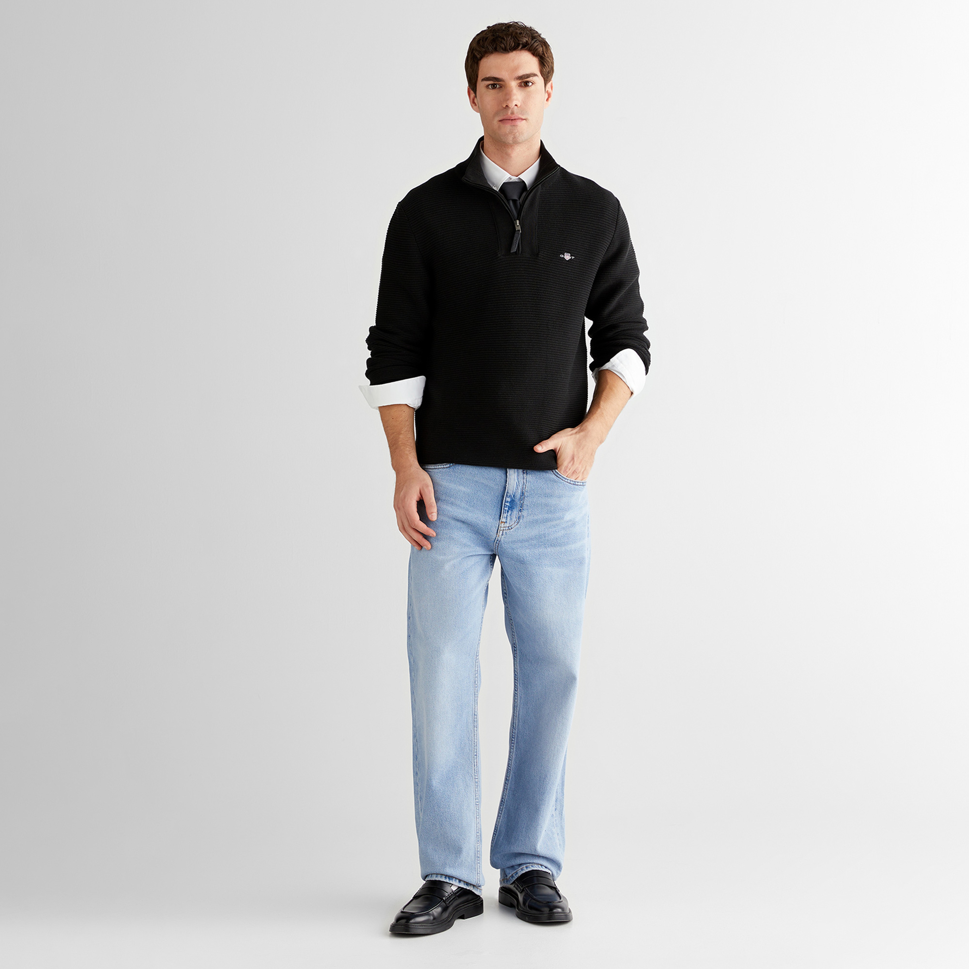 GANT Erkek Siyah Regular Fit Yarım Fermuarlı Triko