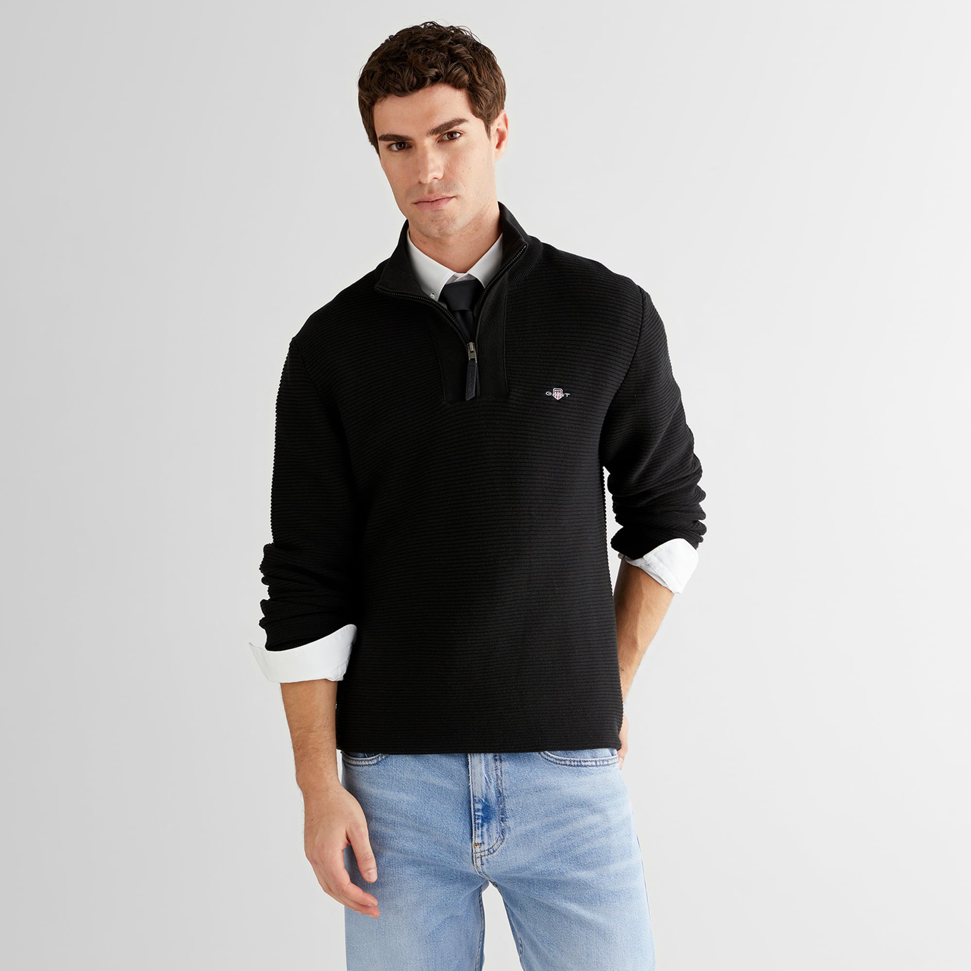 GANT Erkek Siyah Regular Fit Yarım Fermuarlı Triko