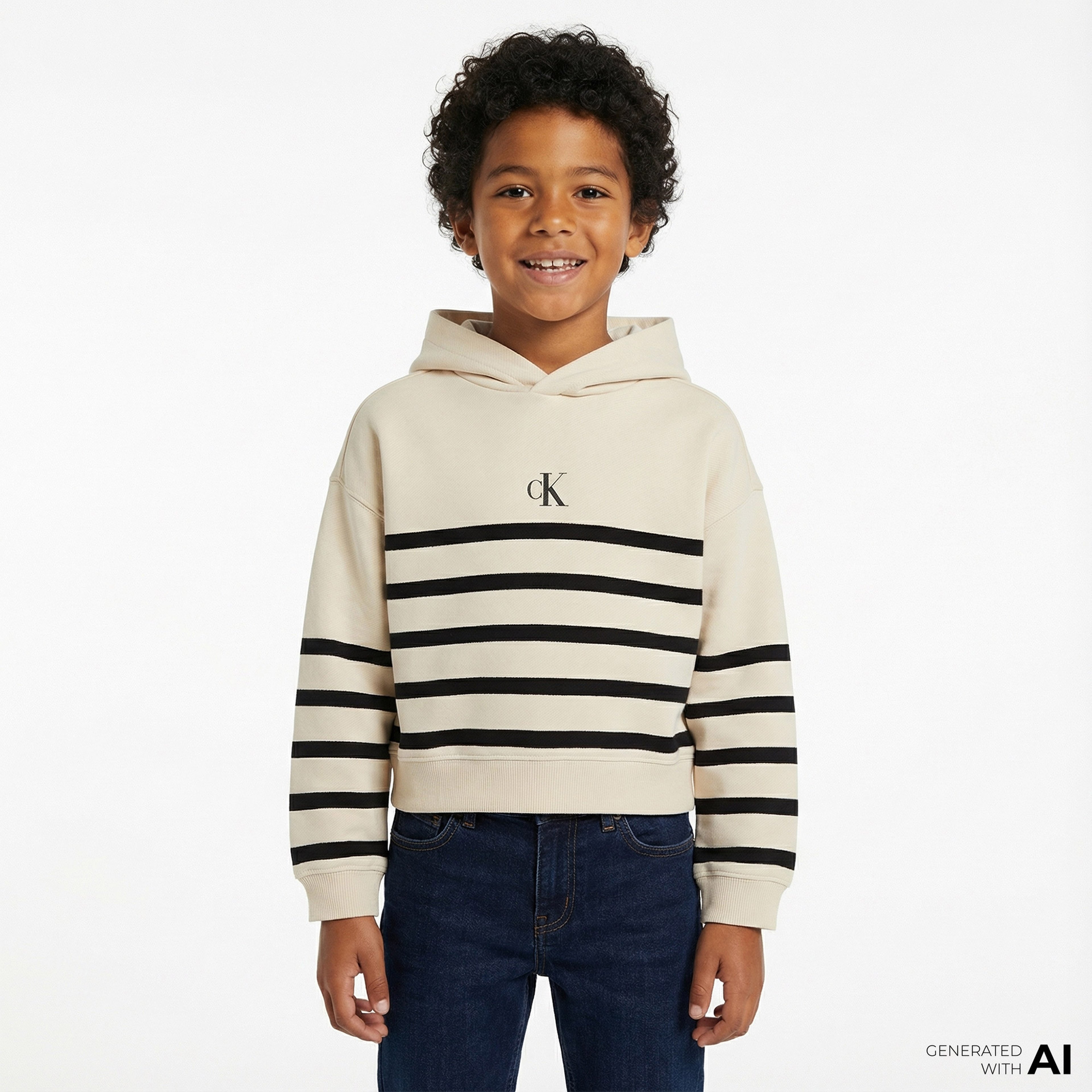 Calvin Klein Logo Boxy Fit Stripes Çocuk Beyaz Sweatshirt
