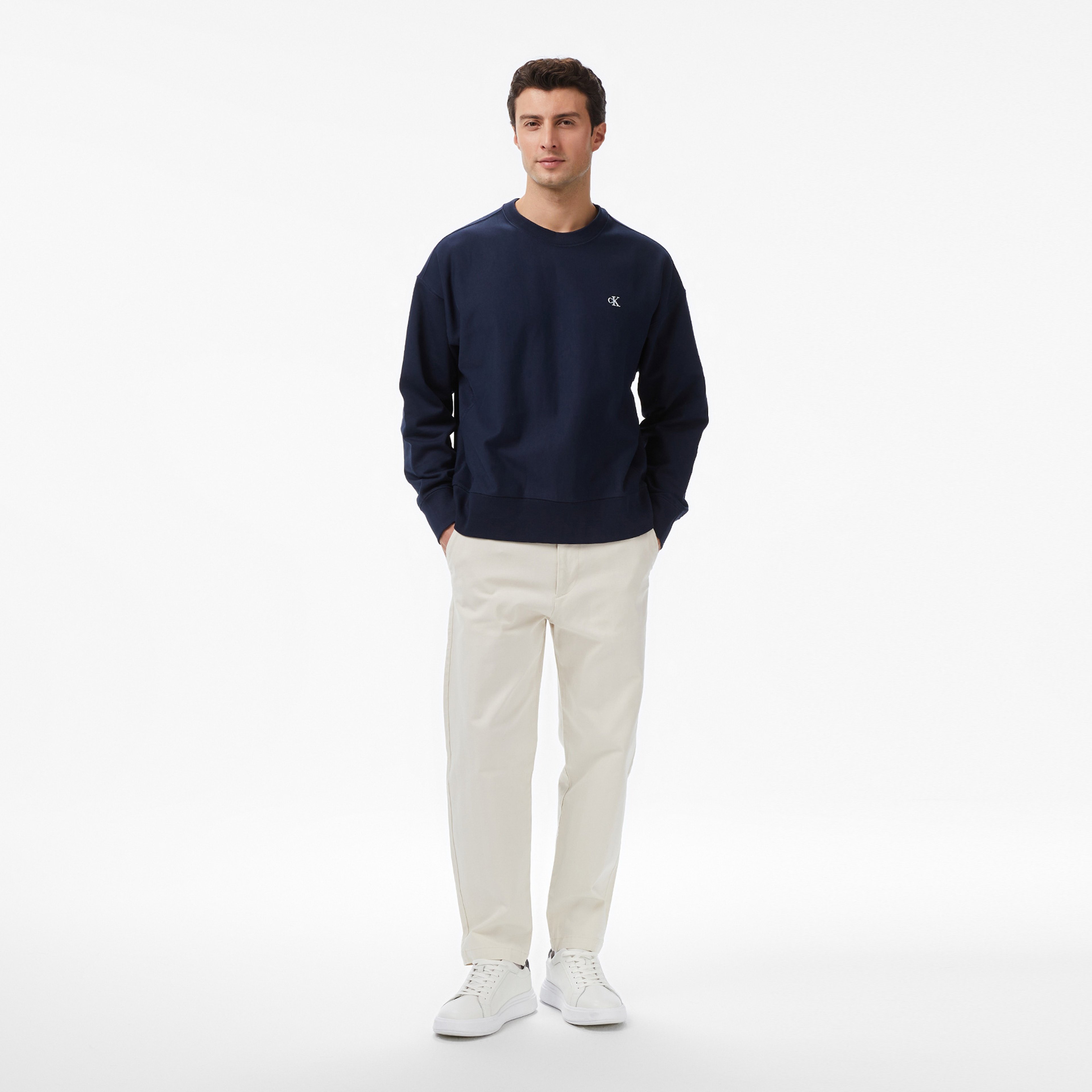 Calvin Klein Premium Terry Monogram Erkek Mavi Sweatshirt