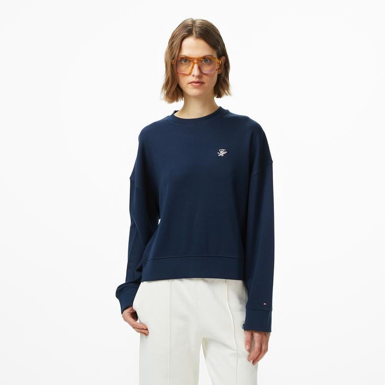Tommy Hilfiger Script Pique Kadın Mavi Hoodie
