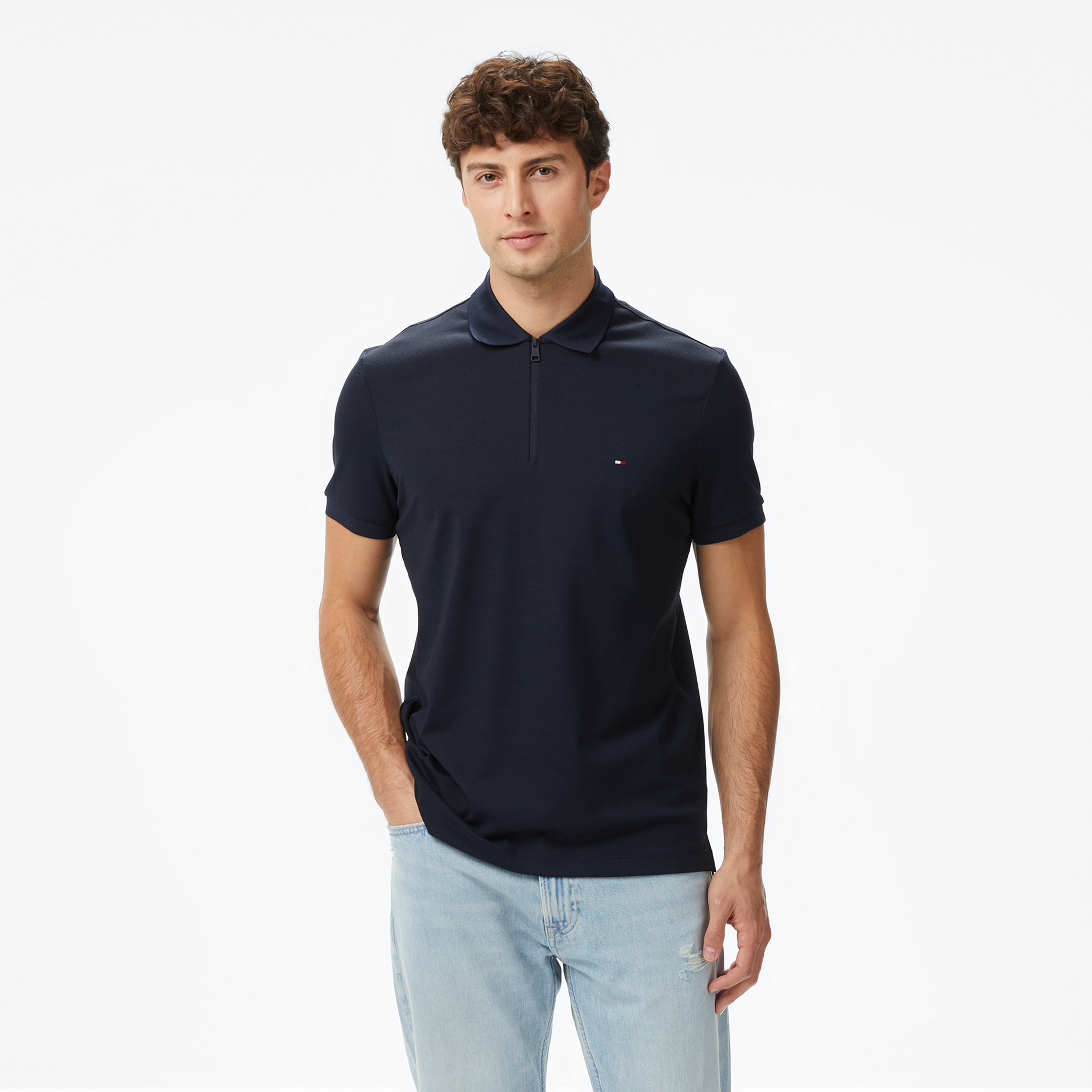 Tommy Hilfiger Performance Pique Erkek Mavi Polo