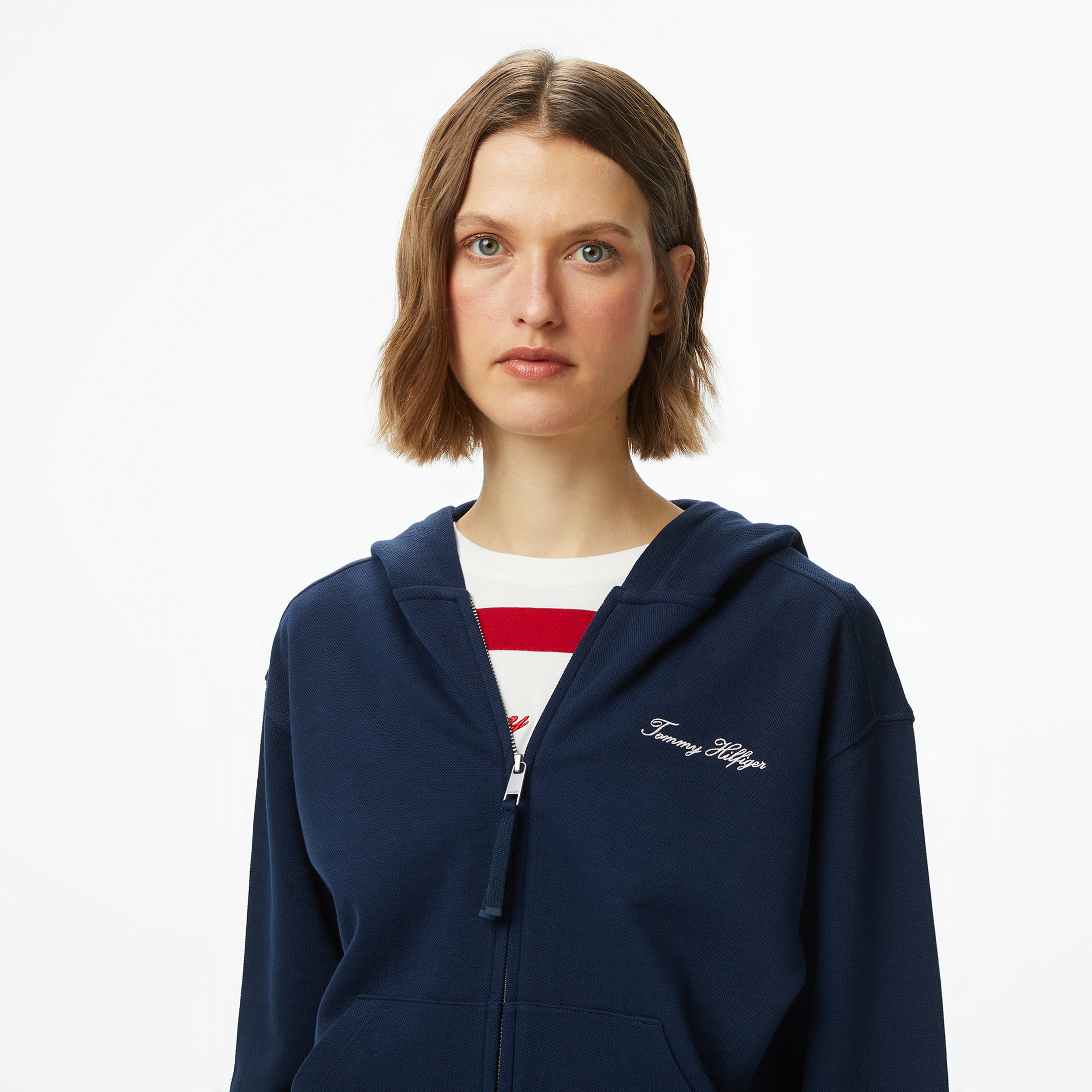 Tommy Hilfiger Script Regular Pique Kadın Mavi Fermuarlı Hoodie