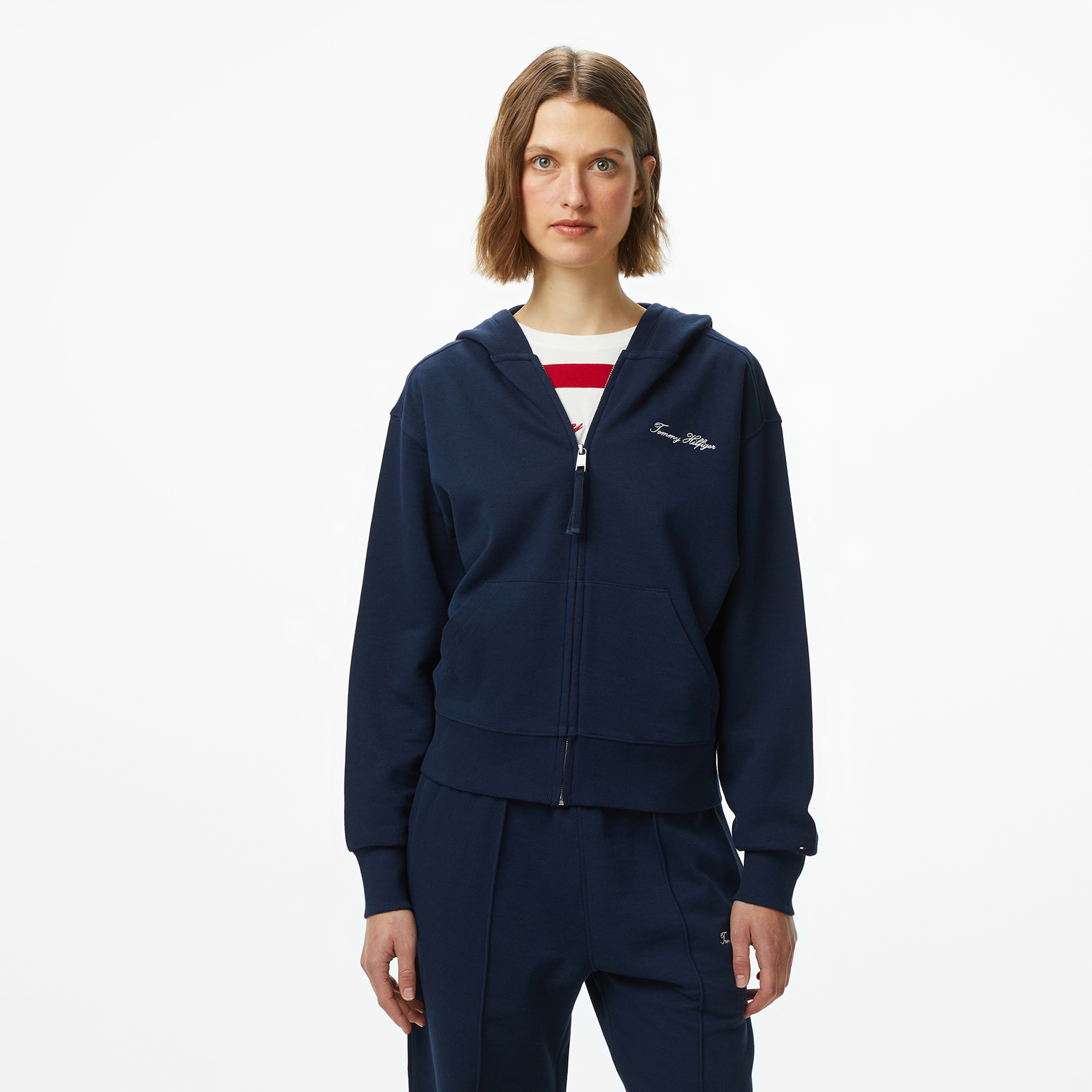 Tommy Hilfiger Script Regular Pique Kadın Mavi Fermuarlı Hoodie