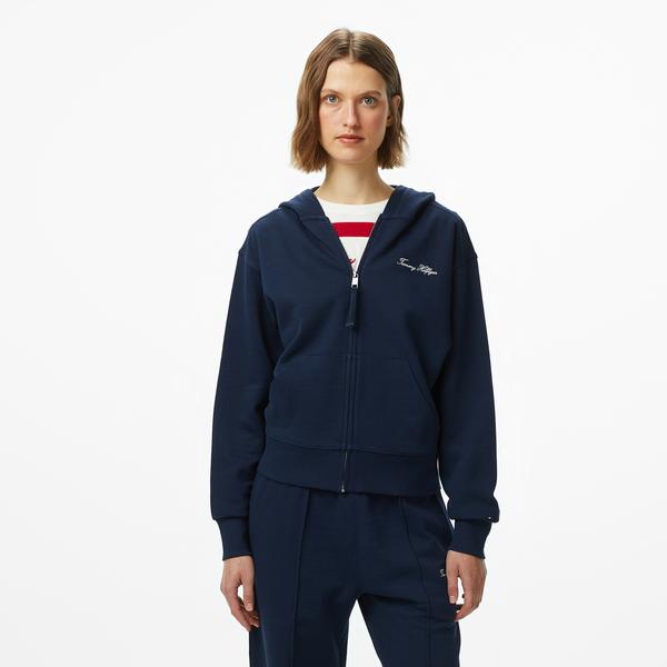 Tommy Hilfiger Script Regular Pique Kadın Mavi Fermuarlı Hoodie