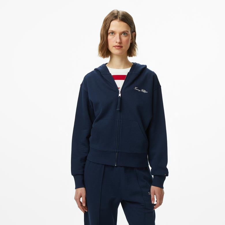 Tommy Hilfiger Script Regular Pique Kadın Mavi Fermuarlı Hoodie