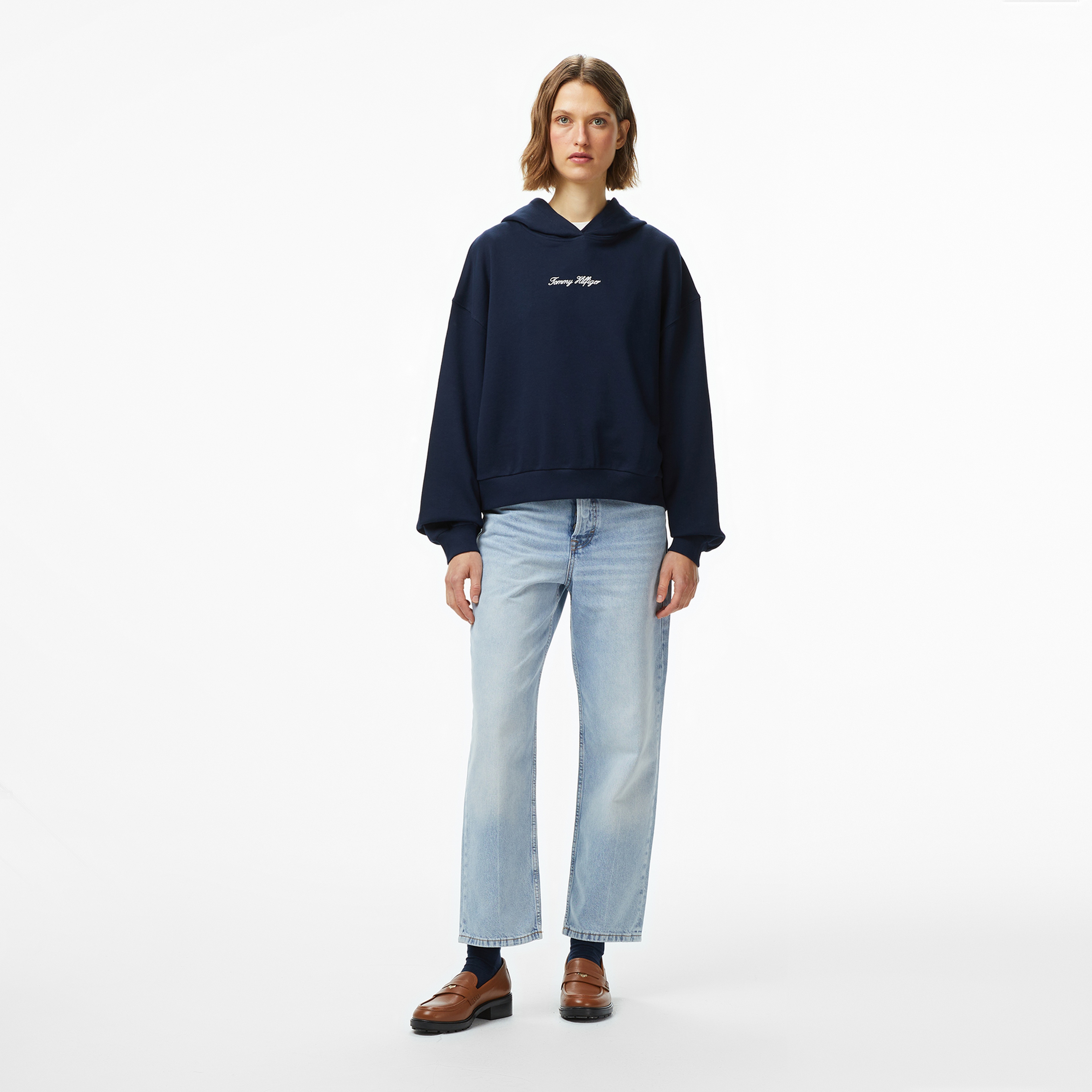 Tommy Hilfiger Classic Script Terry Kadın Mavi Hoodie