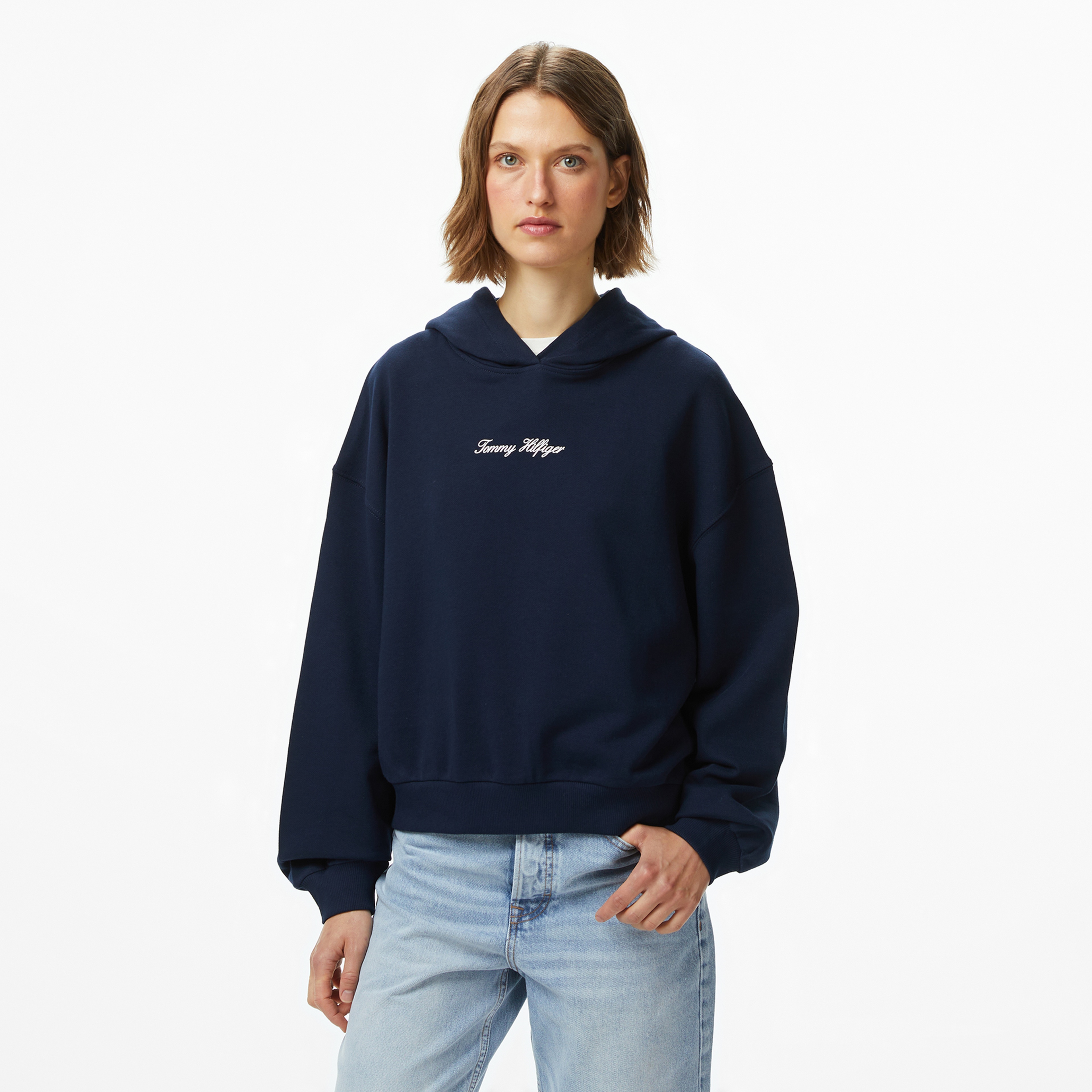 Tommy Hilfiger Classic Script Terry Kadın Mavi Hoodie