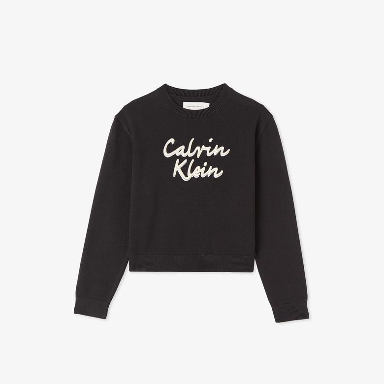 Calvin Klein Logo Metallic Intersia Çocuk Siyah Triko