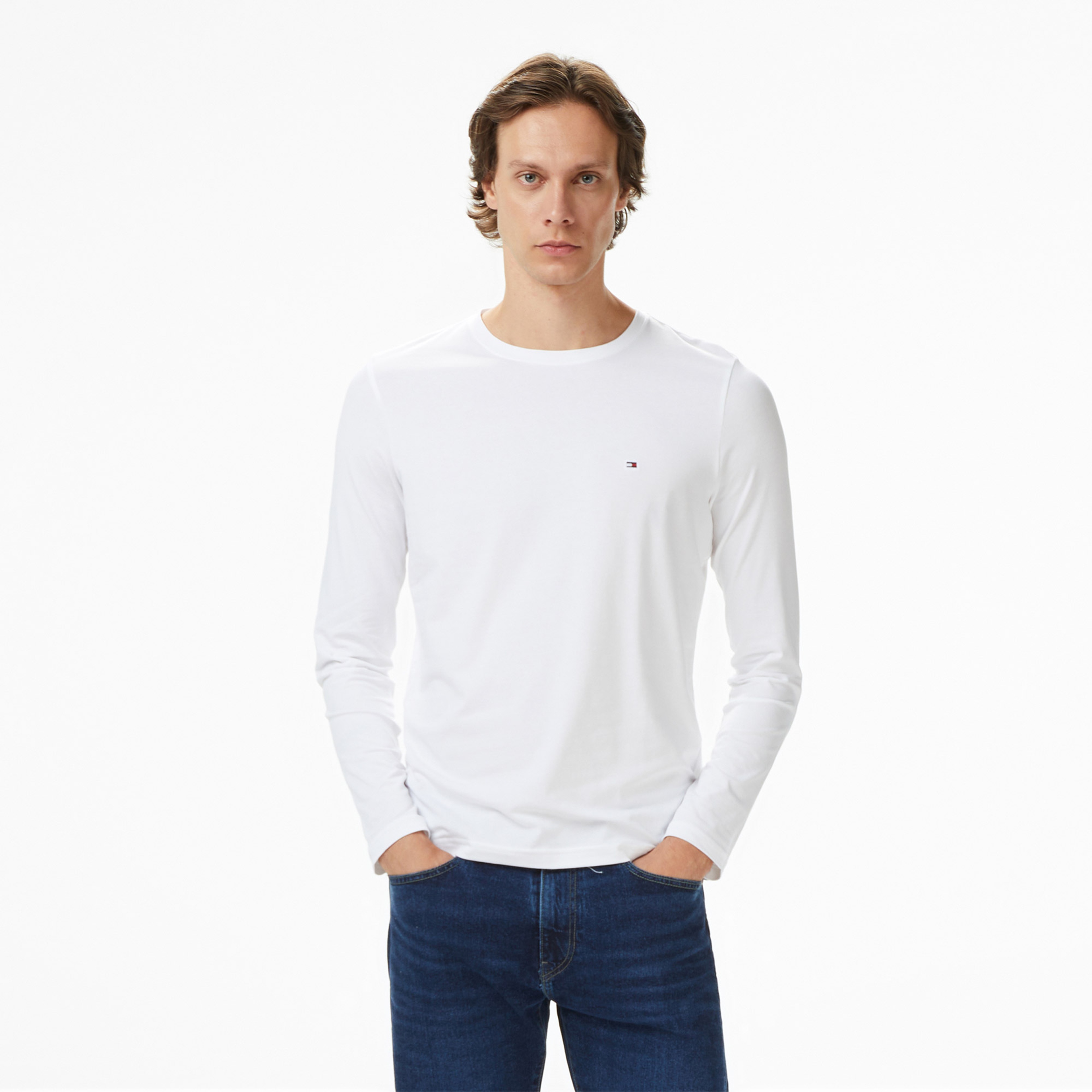 Tommy Hilfiger Stretch Slim Fit Erkek Beyaz Uzun Kollu T-Shirt