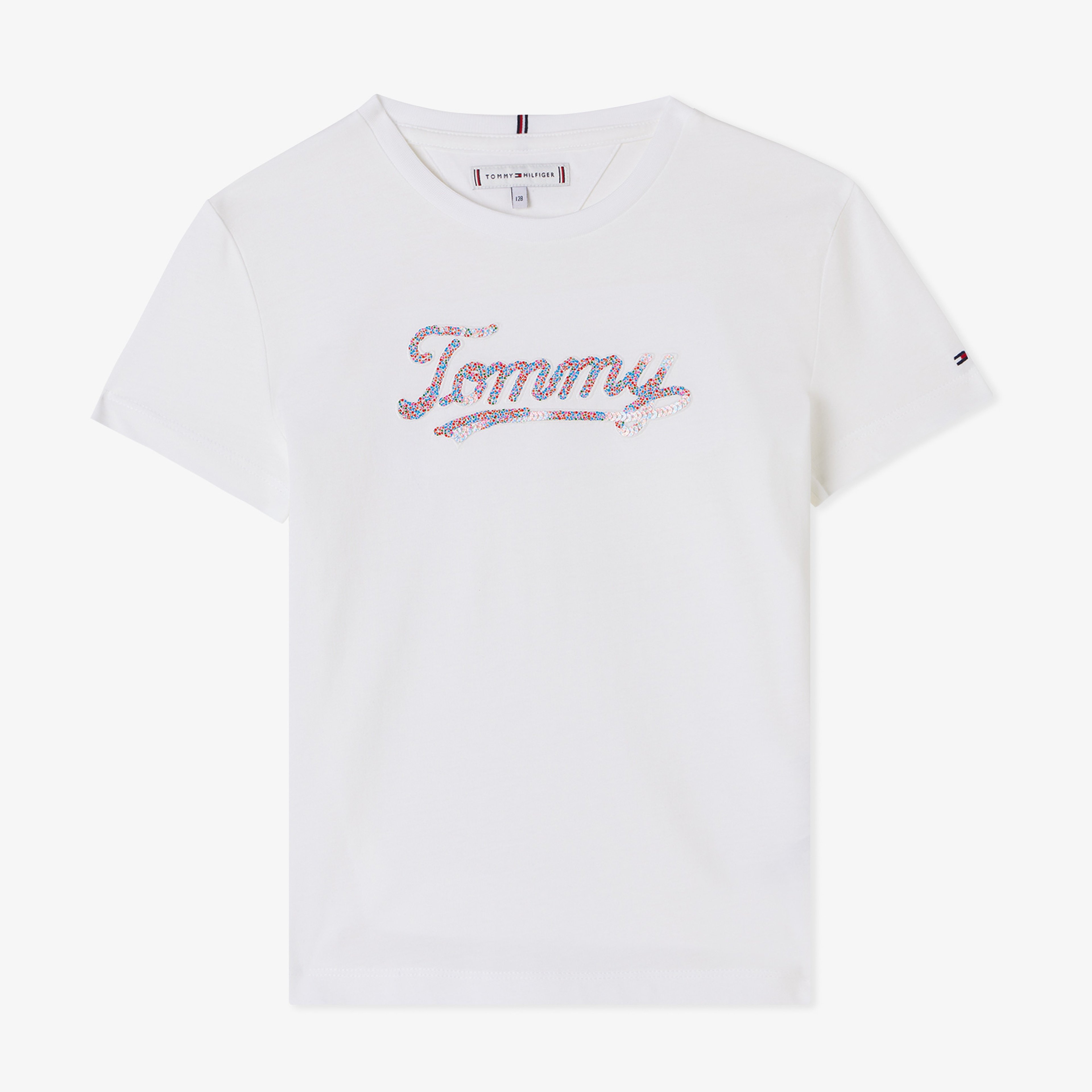 Tommy Hilfiger Script Sequins Çocuk Beyaz T-Shirt