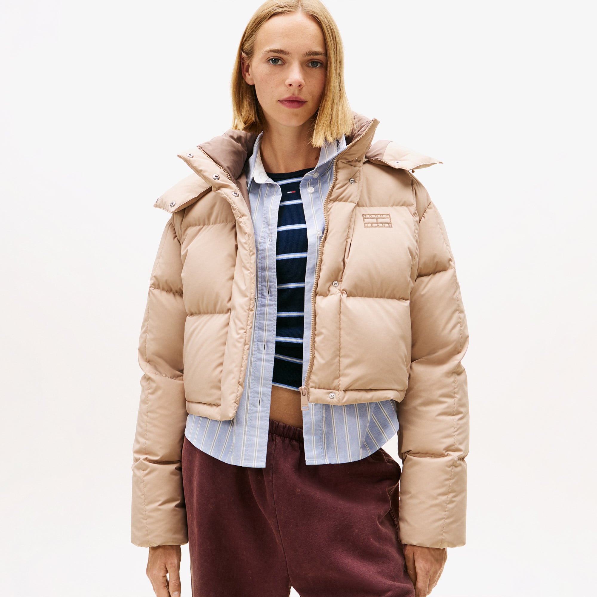 Tommy Jeans Alaska Grid Crop Kadın Kahverengi Puffer Mont
