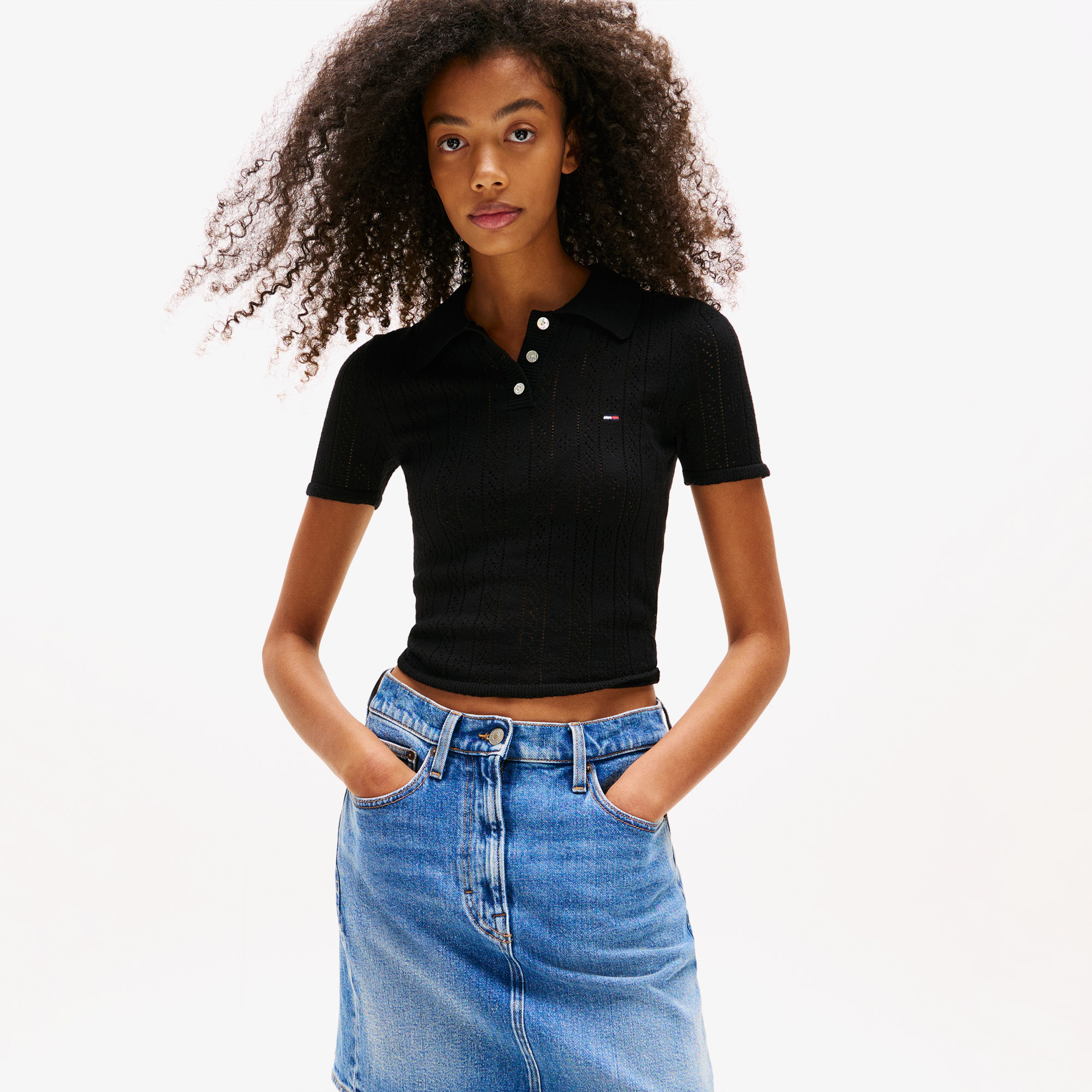 Tommy Jeans Pointelle Kadın Siyah Triko Polo